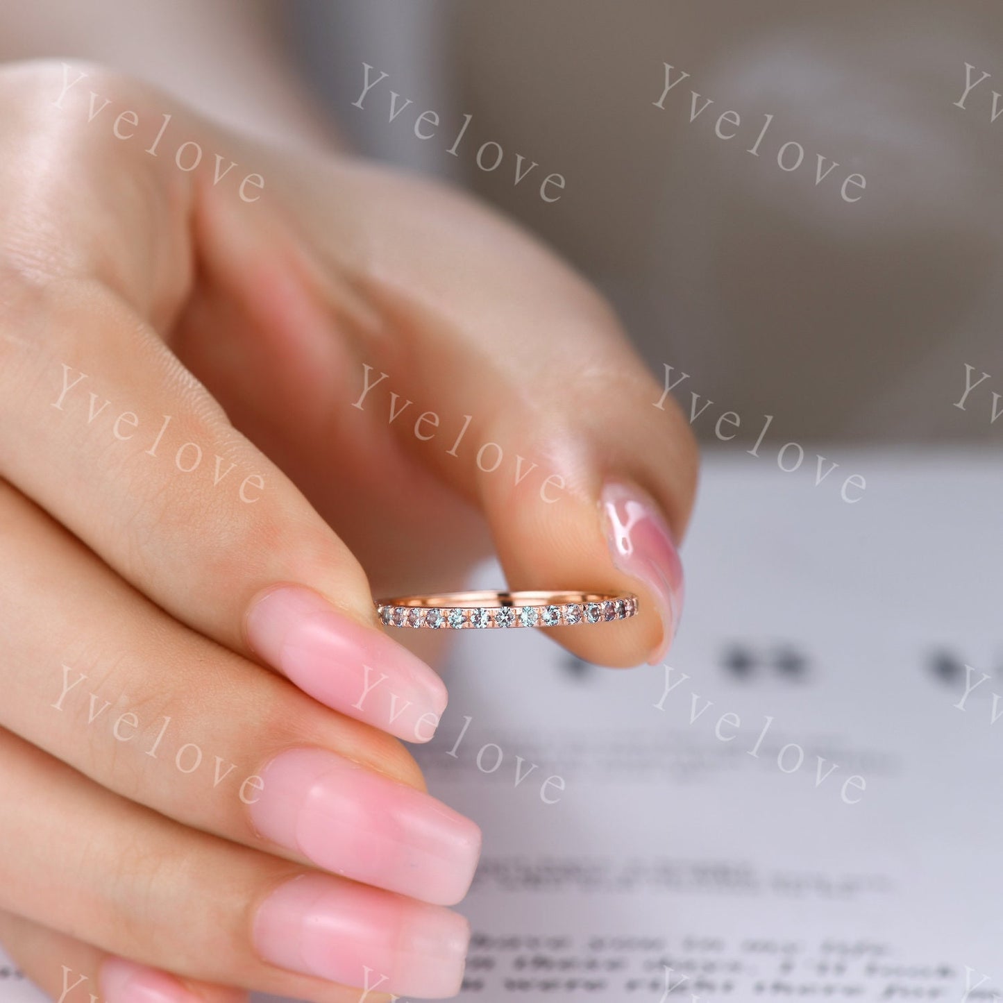 Alexandrite Wedding Band Full Eternity Band Rose Gold June Birthstone Ring Minimalist Ring Pave Wedding Band Stacking Band Anniversary Ring
