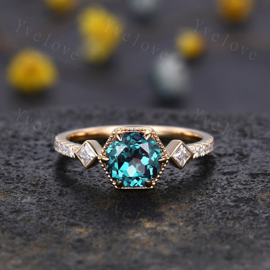 Dainty Alexandrite Engagement Ring,vintage promise ring,Unique Women Bridal Stacking Band 14k Solid Gold Diamond Wedding ring gift for her