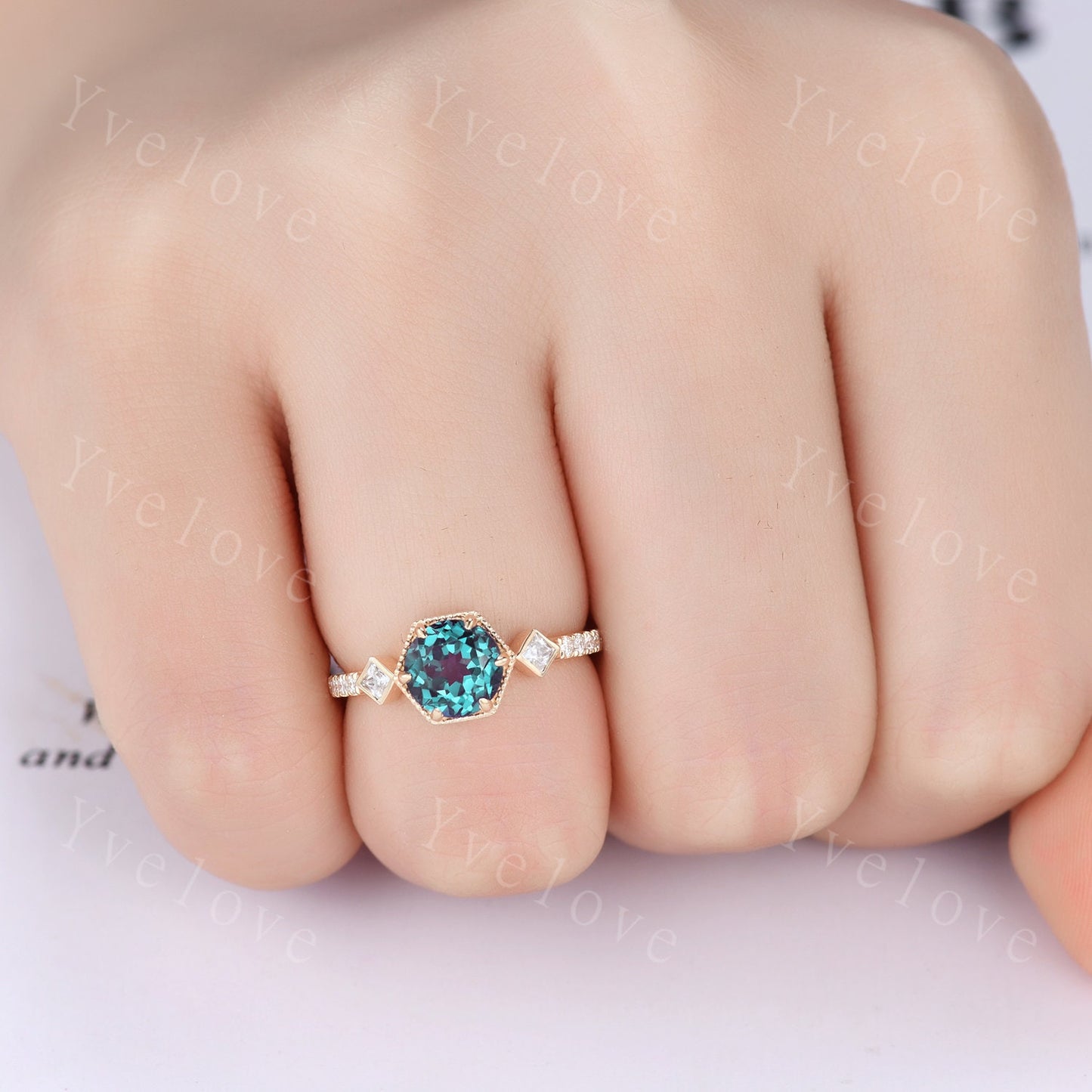 Dainty Alexandrite Engagement Ring,vintage promise ring,Unique Women Bridal Stacking Band 14k Solid Gold Diamond Wedding ring gift for her