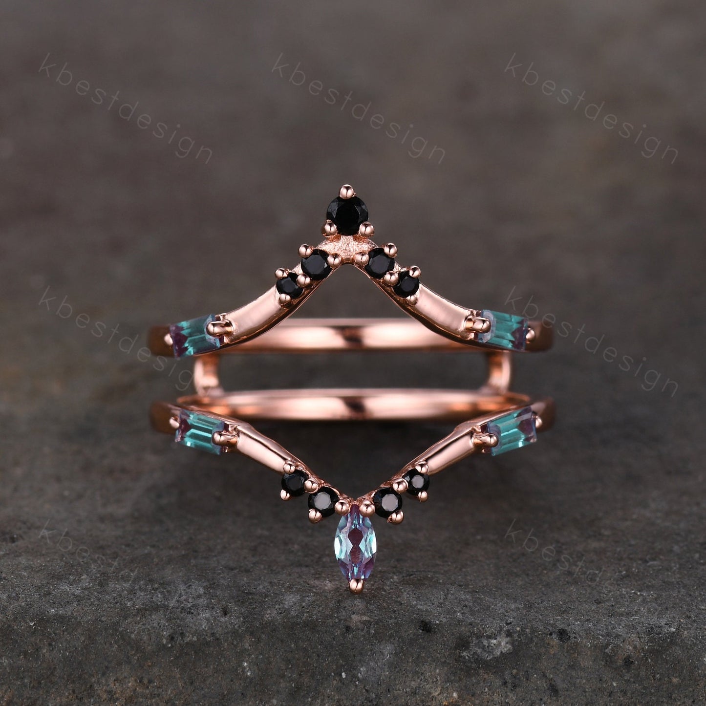 Alexandrite curved wedding band Rose gold baguette Alexandrite double curved band Unique stacking matching band Bridal wedding gift