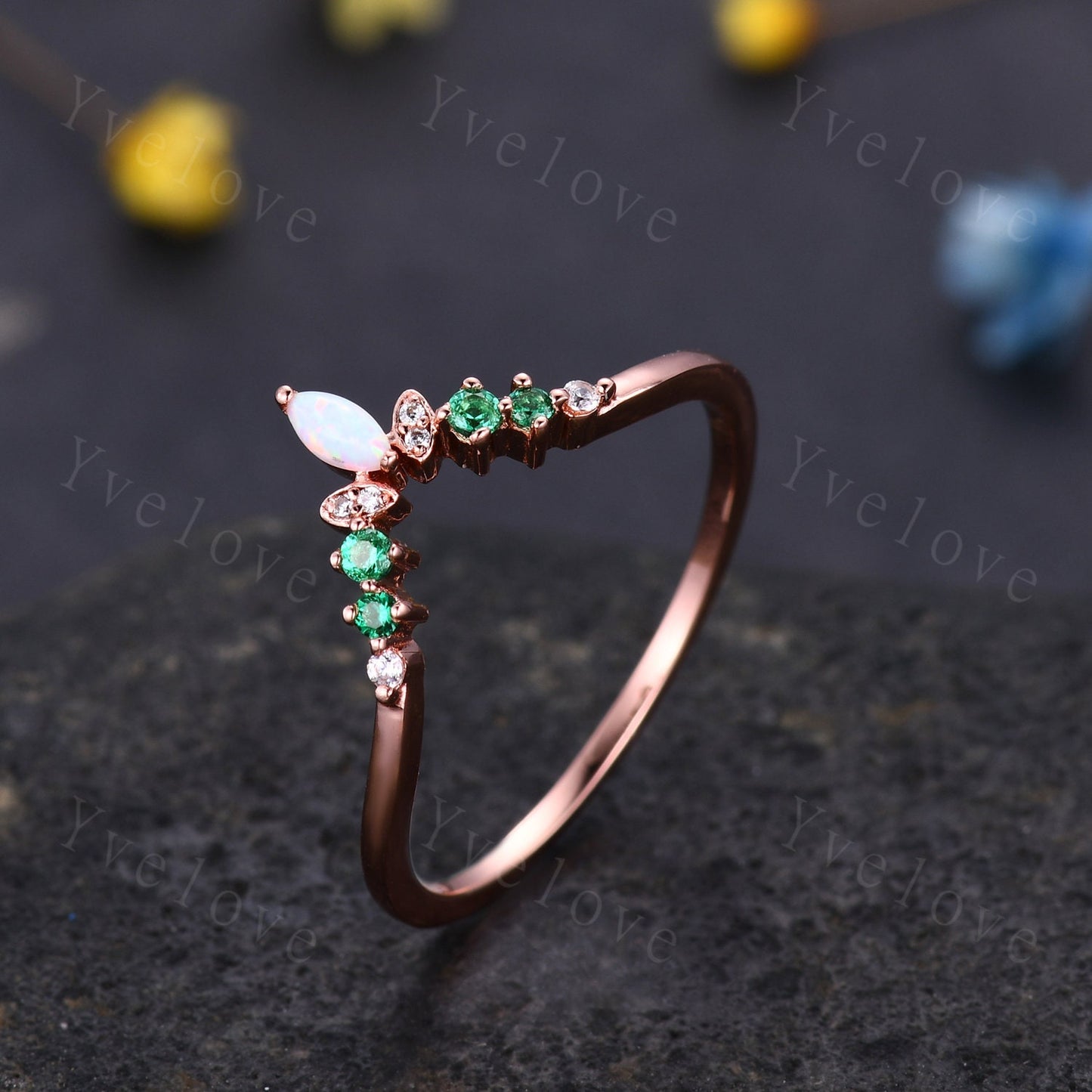 Art Deco Opal Wedding Band,Marquise Opal Band,Moissanite Emerald Wedding Band, V Chevron Ring,Bezel Set,Stacking Ring Anniversary Ring Gift