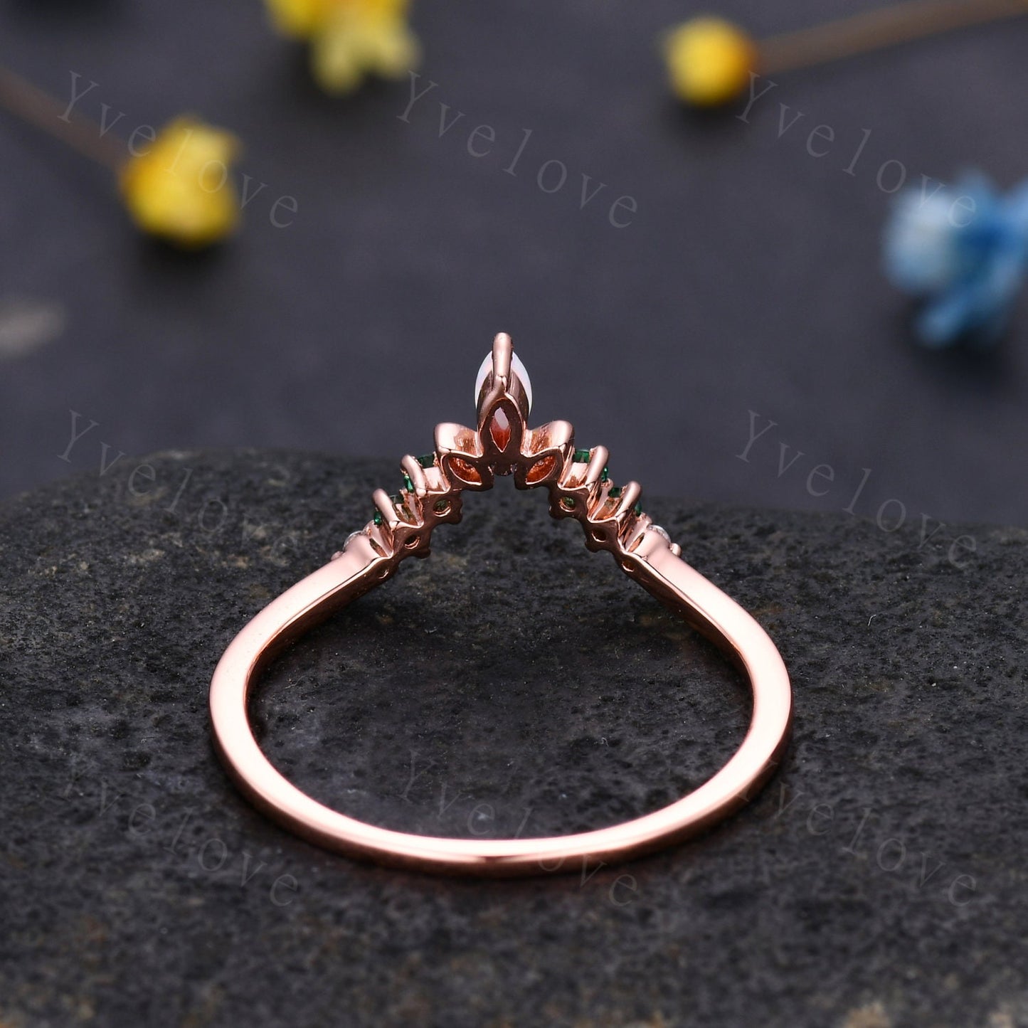 Art Deco Opal Wedding Band,Marquise Opal Band,Moissanite Emerald Wedding Band, V Chevron Ring,Bezel Set,Stacking Ring Anniversary Ring Gift