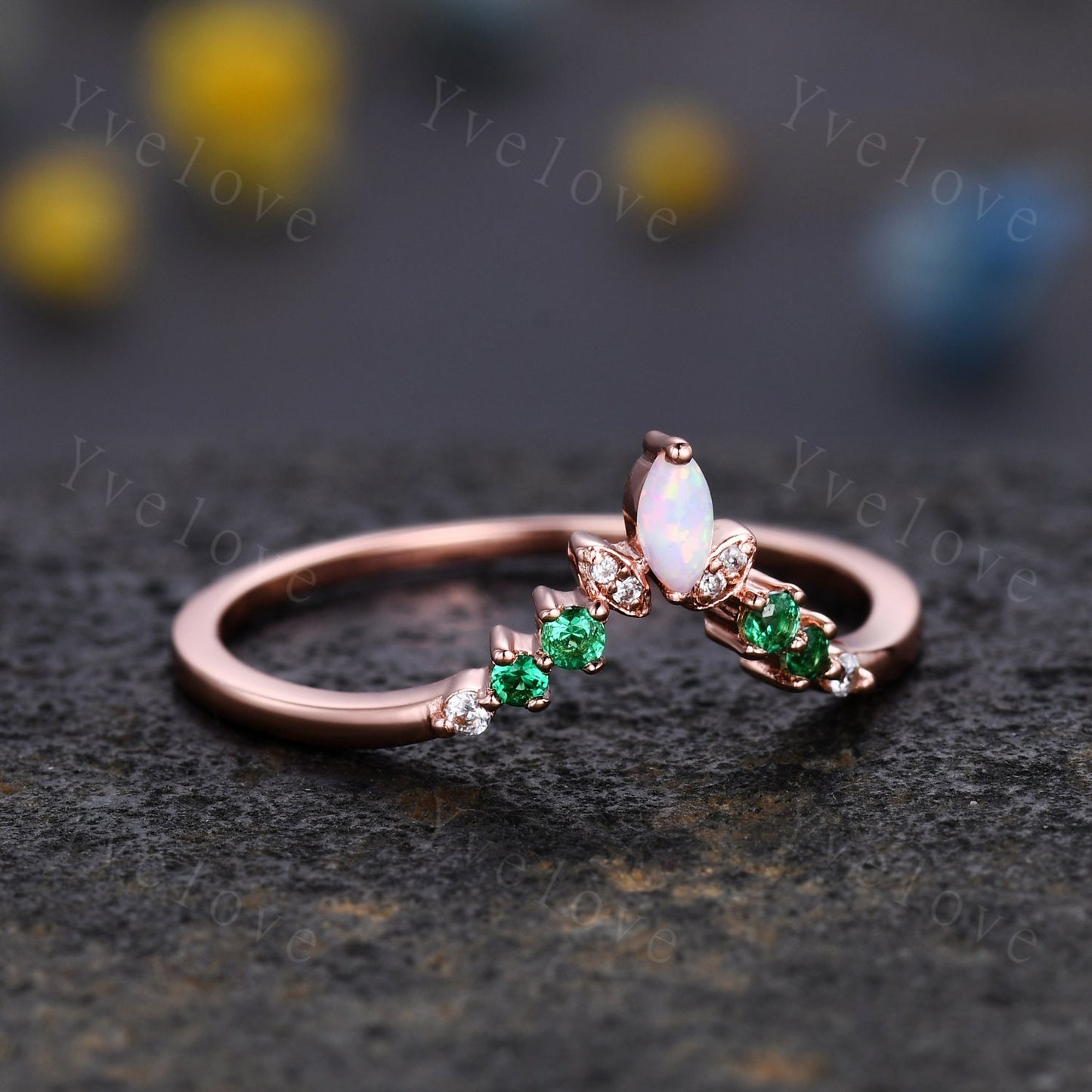 Art Deco Opal Wedding Band,Marquise Opal Band,Moissanite Emerald Wedding Band, V Chevron Ring,Bezel Set,Stacking Ring Anniversary Ring Gift