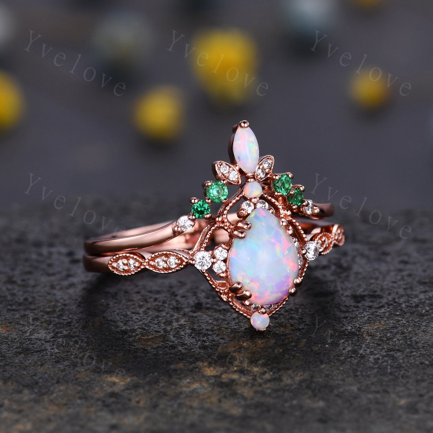 Art Deco Opal Wedding Band,Marquise Opal Band,Moissanite Emerald Wedding Band, V Chevron Ring,Bezel Set,Stacking Ring Anniversary Ring Gift