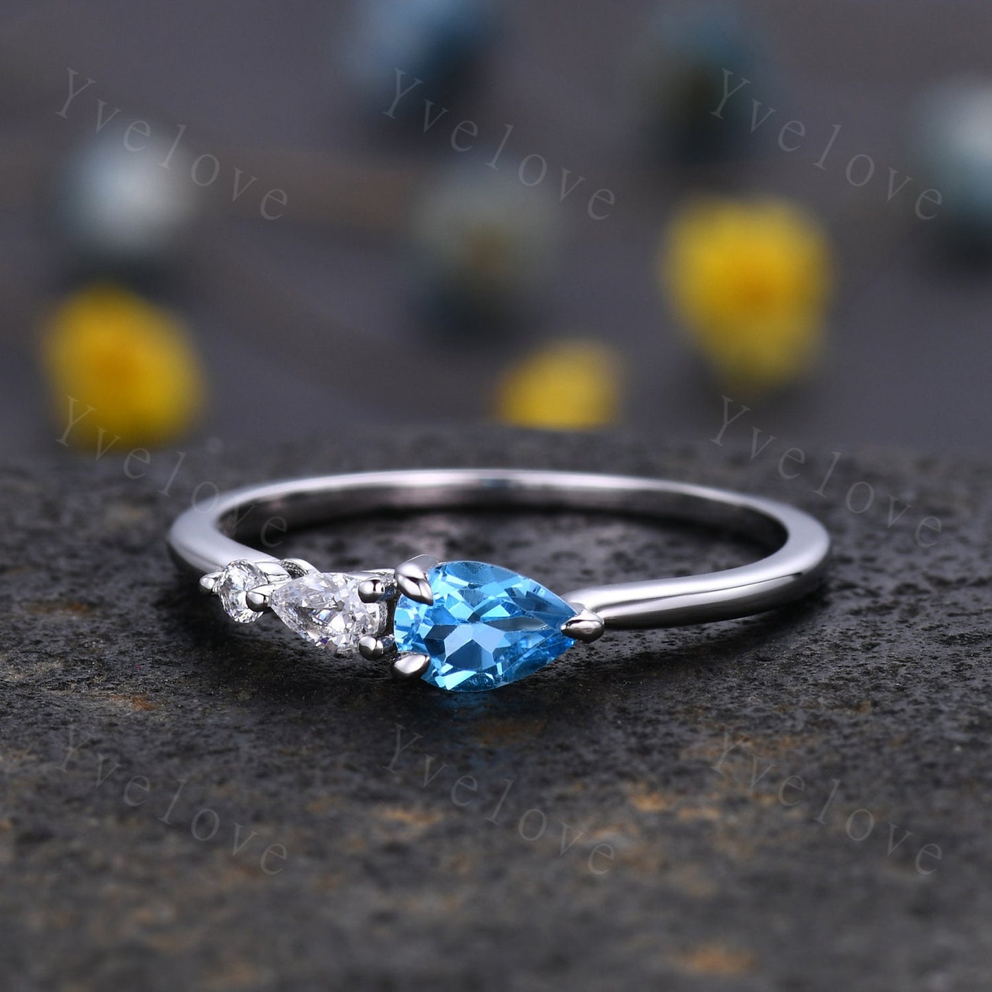 Vintage Swiss Blue Topaz Engagement Ring,Pear Cut Gems,Art Deco Moissanite Wedding Band,3 Stone Unique Women Bridal Promise Ring,Platinum