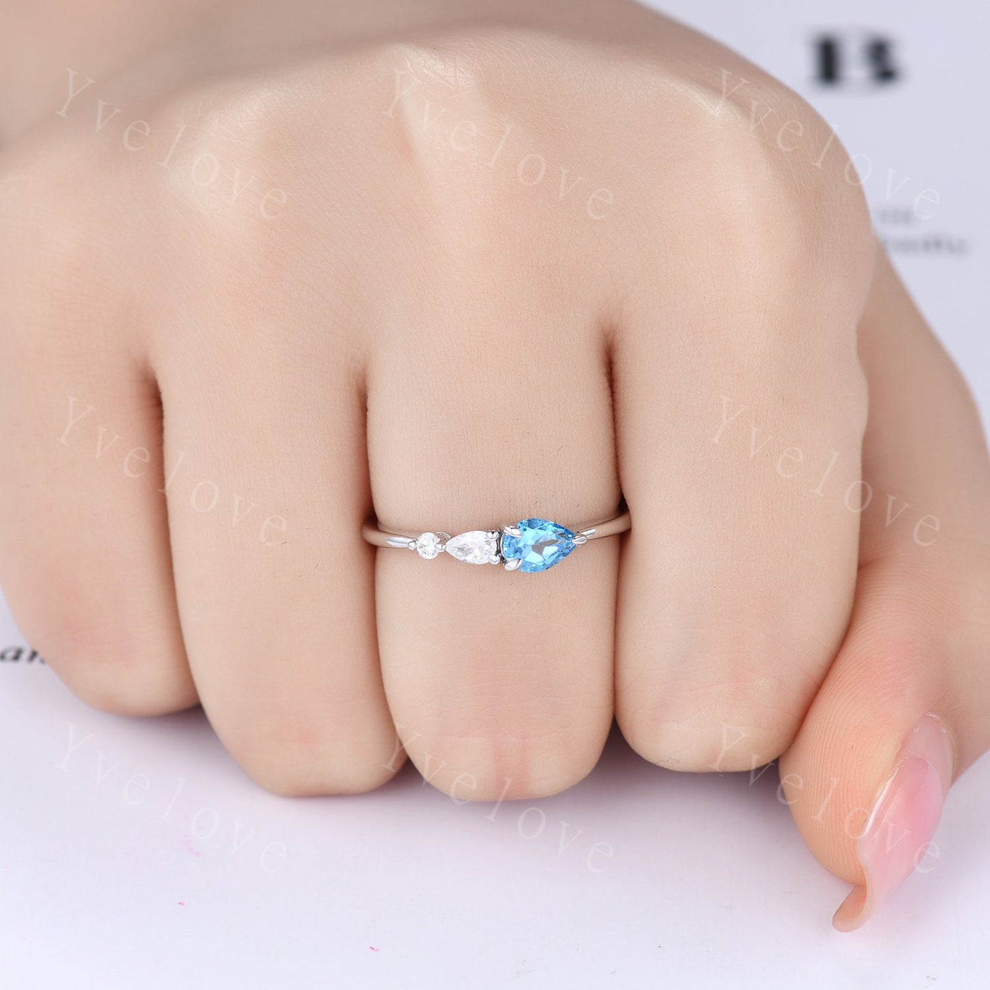 Vintage Swiss Blue Topaz Engagement Ring,Pear Cut Gems,Art Deco Moissanite Wedding Band,3 Stone Unique Women Bridal Promise Ring,Platinum