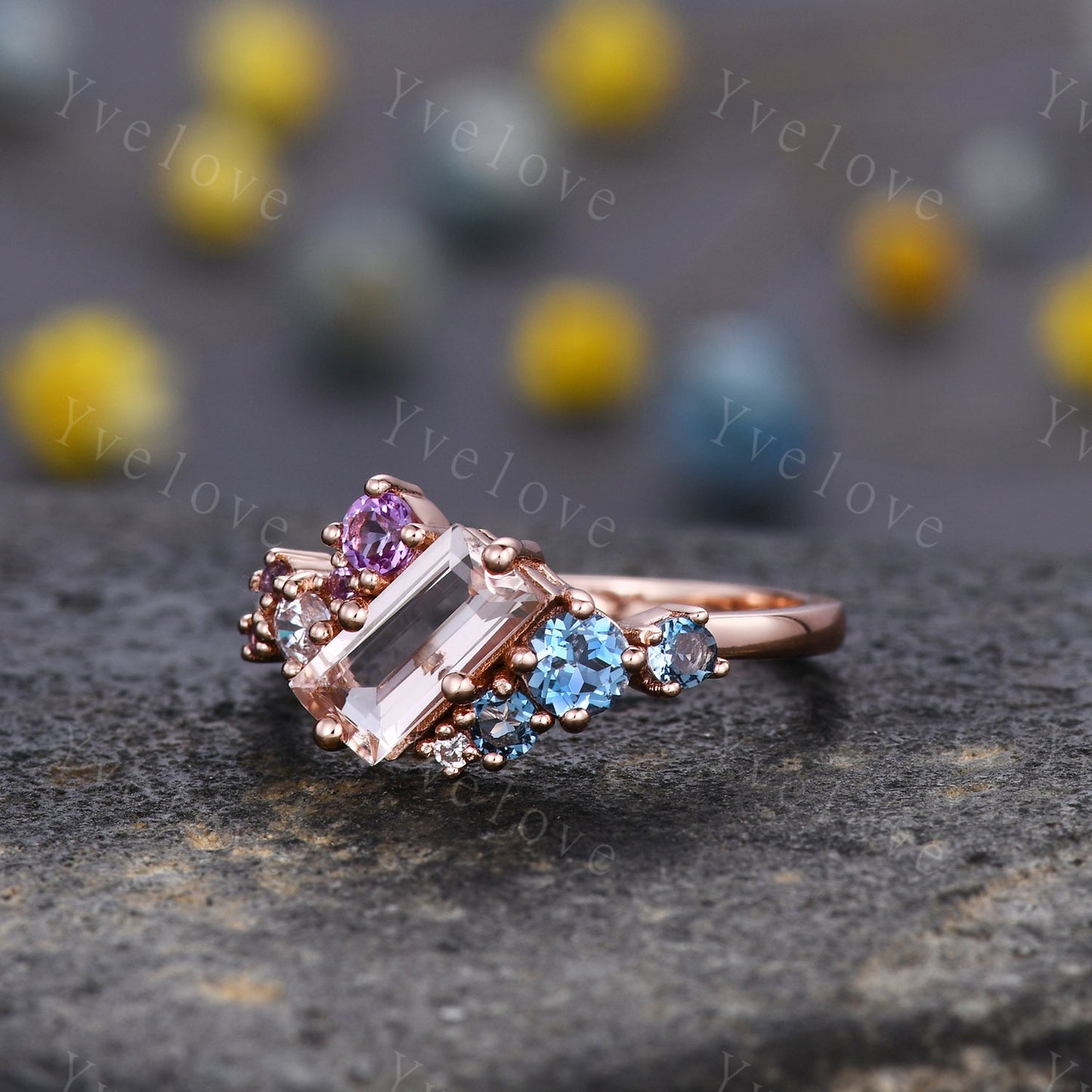 Cluster ring,Cluster engagement ring,Pink Morganite ring,Mutli gemstone ring,Blue Topaz and Amethyst Cluster ring,Stackable band,Personalize