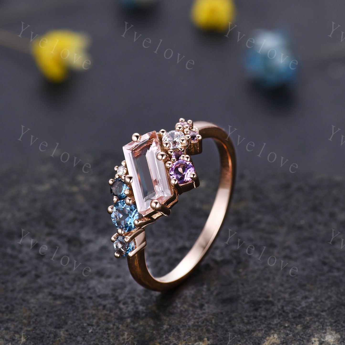Cluster ring,Cluster engagement ring,Pink Morganite ring,Mutli gemstone ring,Blue Topaz and Amethyst Cluster ring,Stackable band,Personalize