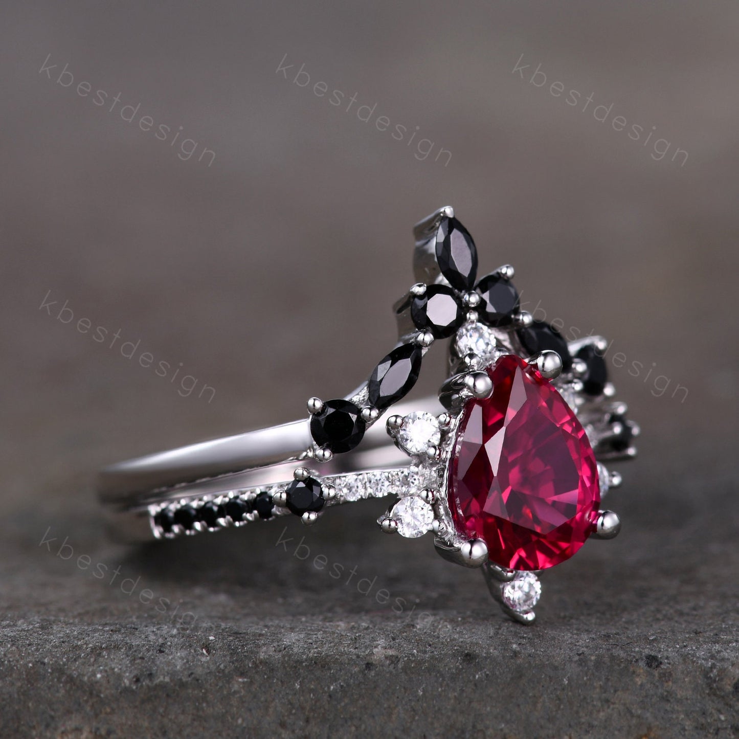 Pear shaped Ruby engagement ring set unique vintage black spinel ring women silver wedding rings art deco stacking band Bridal promise set