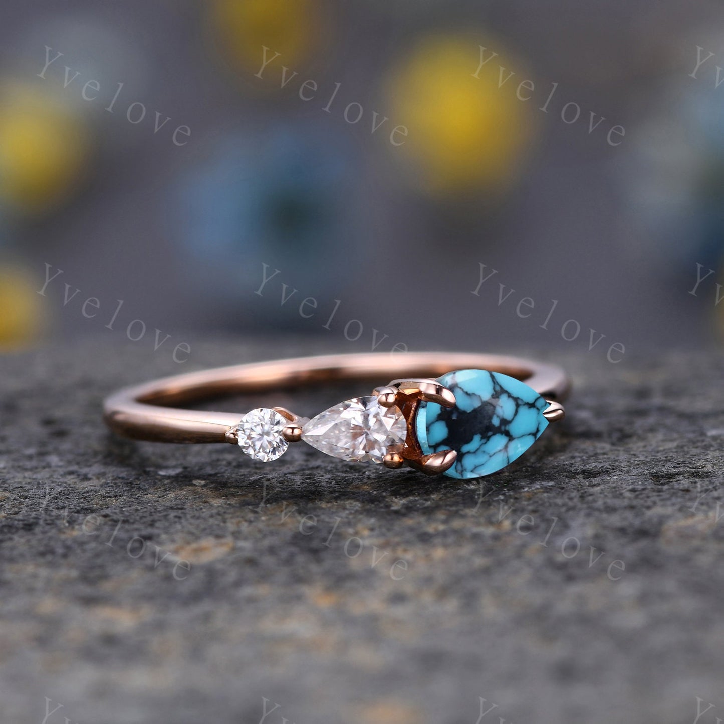 Vintage Turquoise Ring Engagement Ring,Pear Cut Gems,Art Deco Moissanite Wedding Band,3 Stone Unique Women Bridal Promise Ring,Rose gold