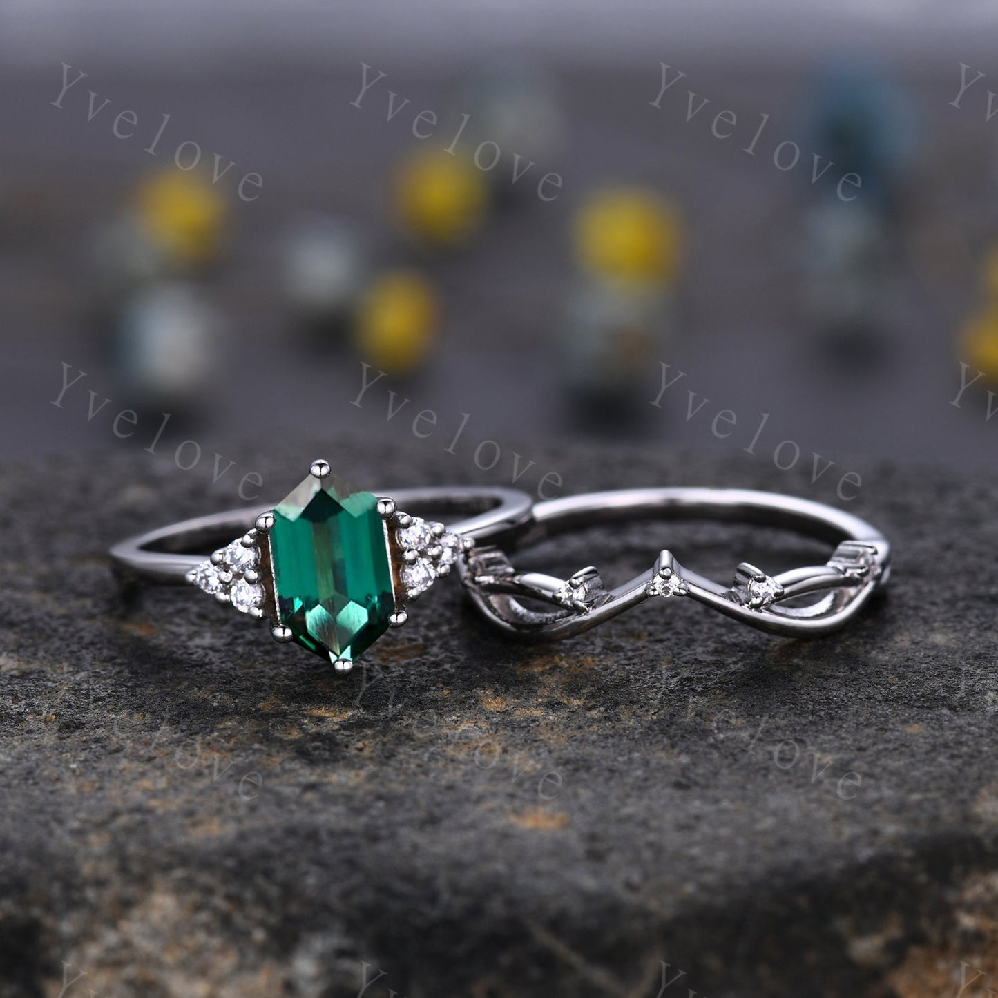 Retro Long hexagon Emerald Ring,Vintage Sterling Silver Ring Set,Unique Emerald Engagement Ring,Promise Ring,Anniversary Ring Gift For Her
