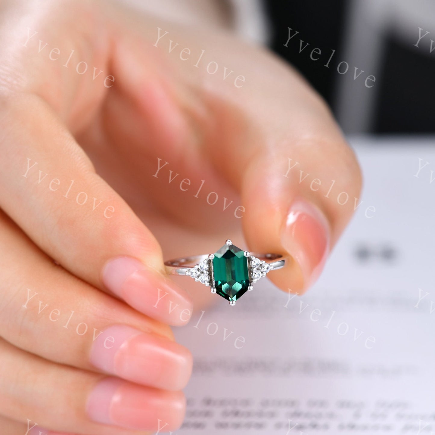 Retro Long hexagon Green Emerald Ring,Vintage 14k 18k Rose Gold Ring,Unique Emerald Engagement Ring,Promise Ring,May Birthday Gift For Her