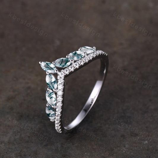 Marquise cut moss agate wedding ring band unique curved moissanite wedding band women vintage stacking matching band anniversary ring