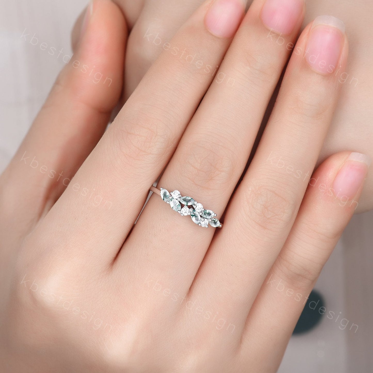 Moss agate cluster wedding band Unique marquise cut moss agate wedding band Vintage Moissanite ring Rose gold ring Anniversary gift for her