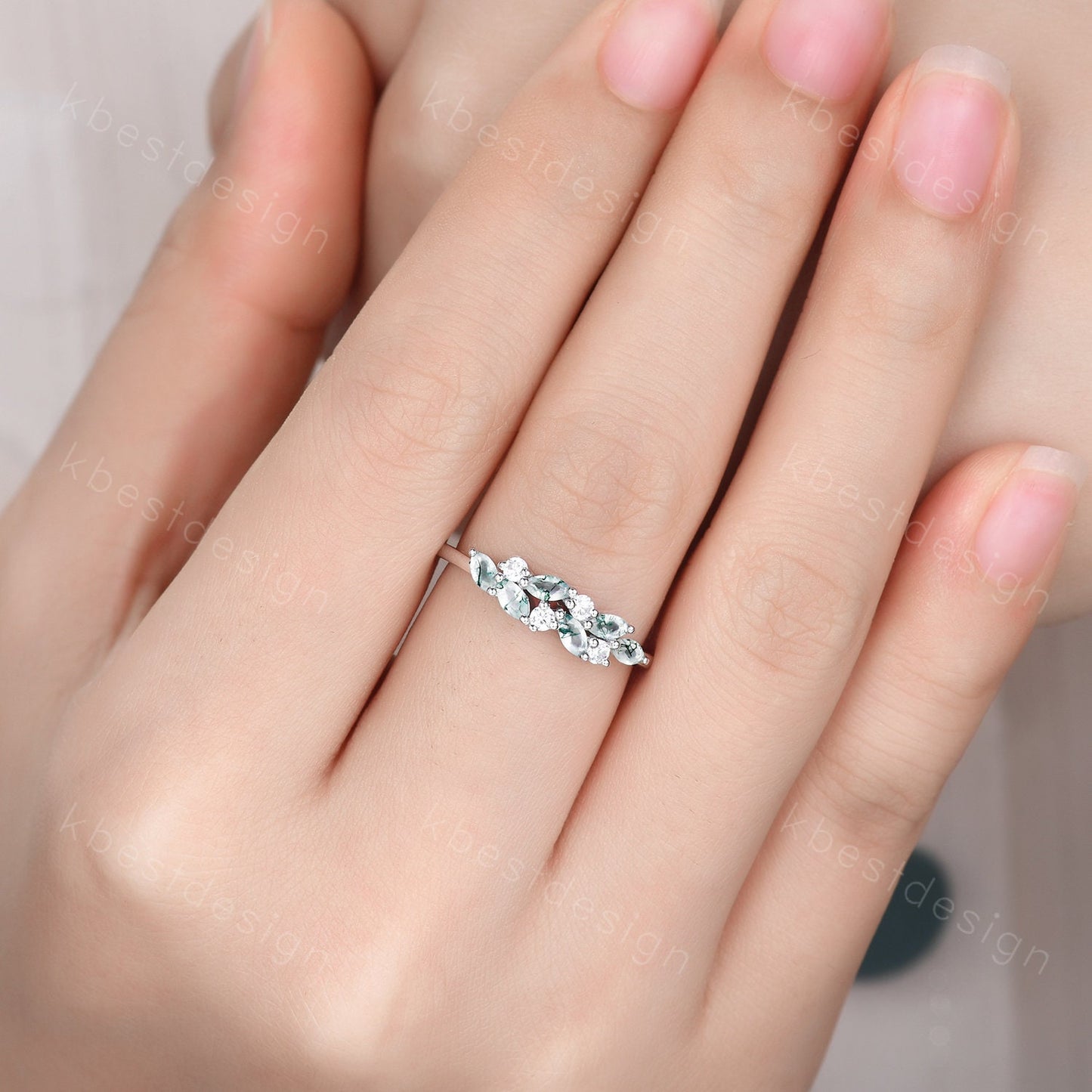 Moss agate cluster wedding band Unique marquise cut moss agate wedding band Vintage Moissanite ring Solid gold ring Anniversary gift