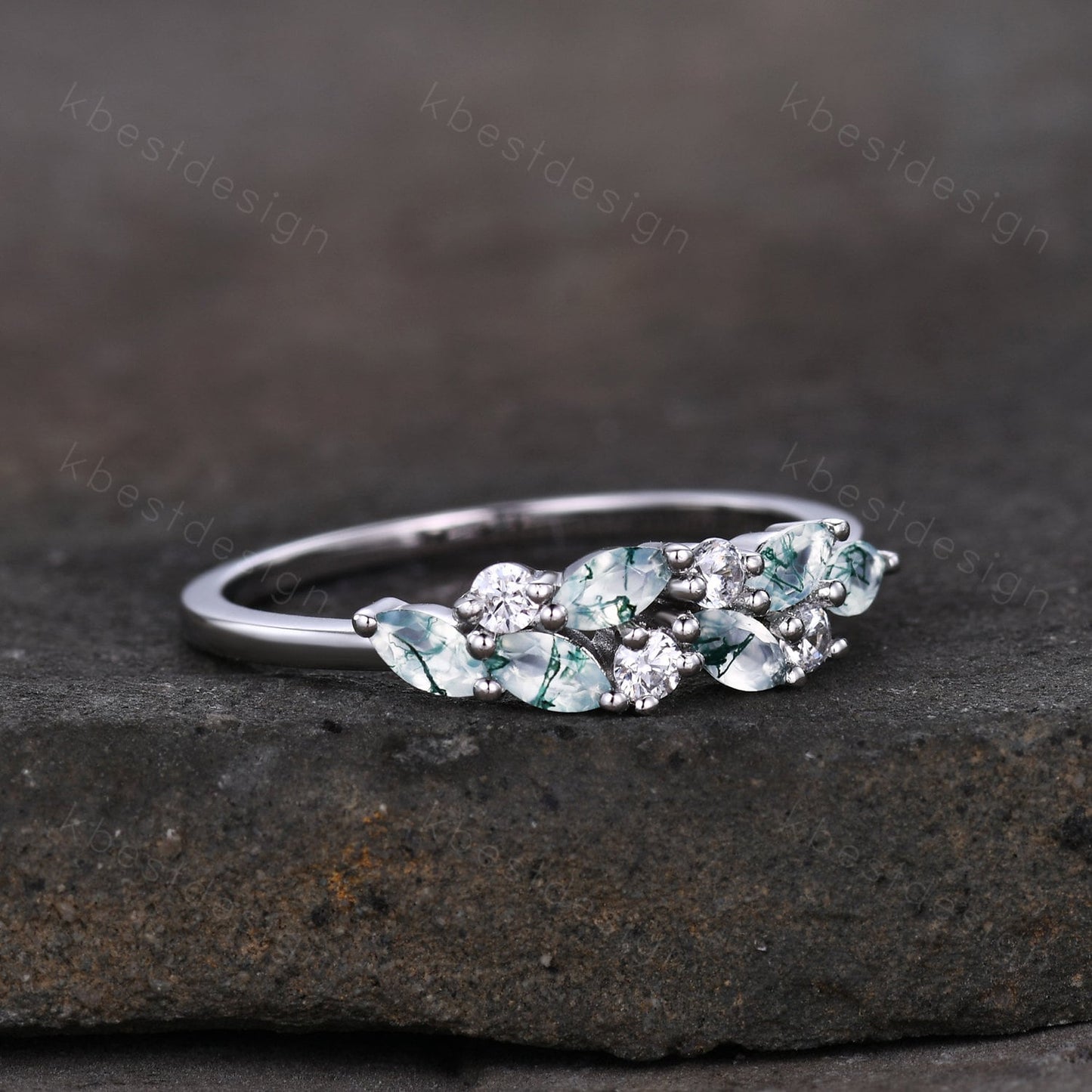 Moss agate cluster wedding band Unique marquise cut moss agate wedding band Vintage Moissanite ring Solid gold ring Anniversary gift