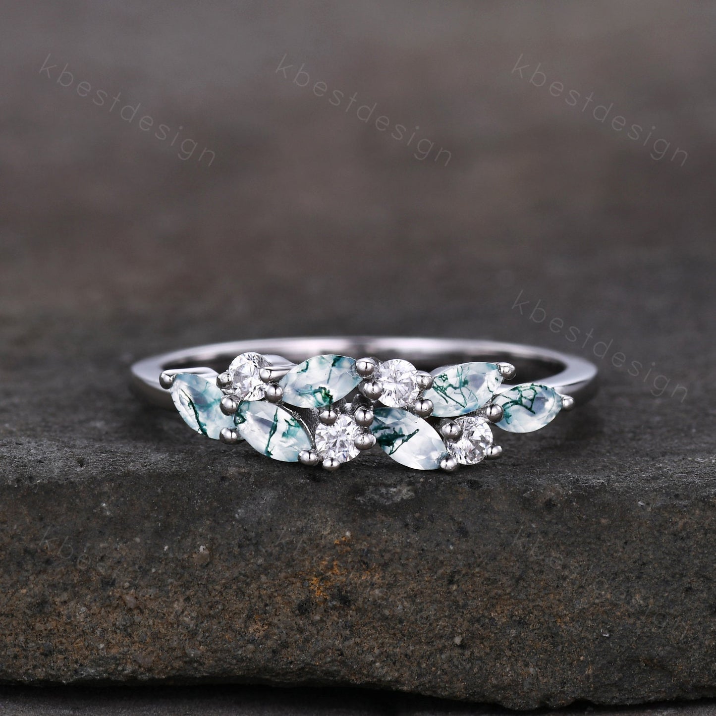 Moss agate cluster wedding band Unique marquise cut moss agate wedding band Vintage Moissanite ring Solid gold ring Anniversary gift