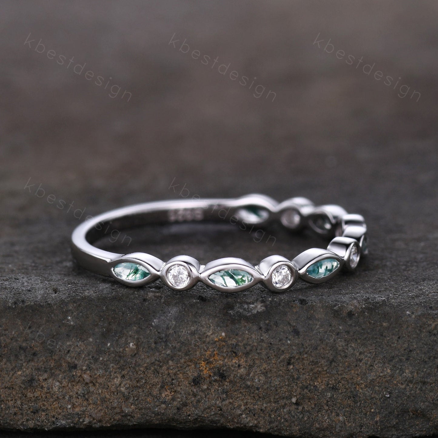 Half Eternity Moss Agate Wedding Band White Gold Ring for Women Unique Marquise cut Moss Agate Moissanite Wedding Ring Stacking Band Gift