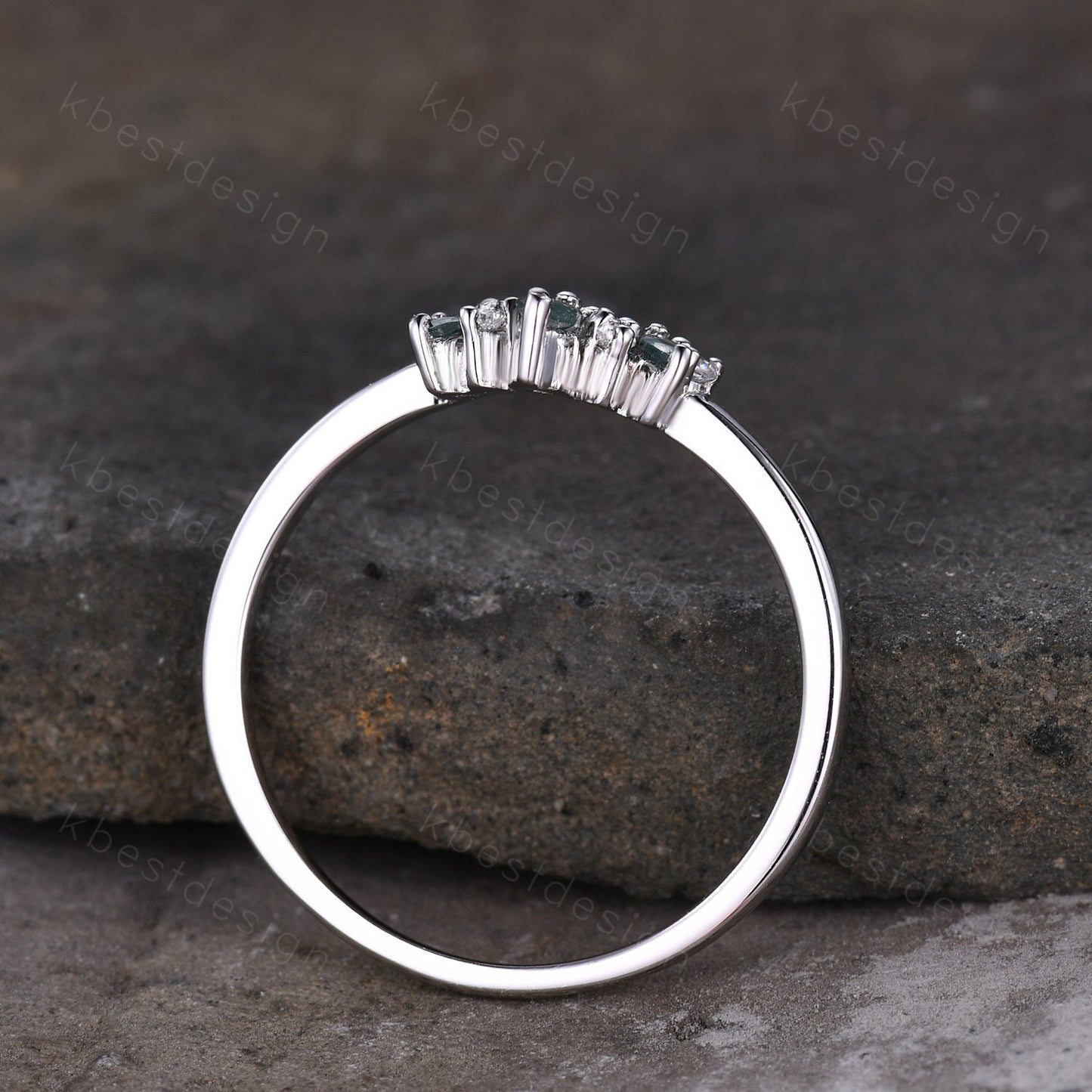 Curved wedding band Marquise cut moss agate White gold ring Moissanite Chevron Band Unique Bridal Wedding Ring Stacking Matching band