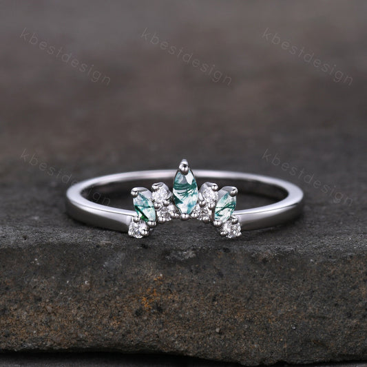Curved wedding band Marquise cut moss agate White gold ring Moissanite Chevron Band Unique Bridal Wedding Ring Stacking Matching band