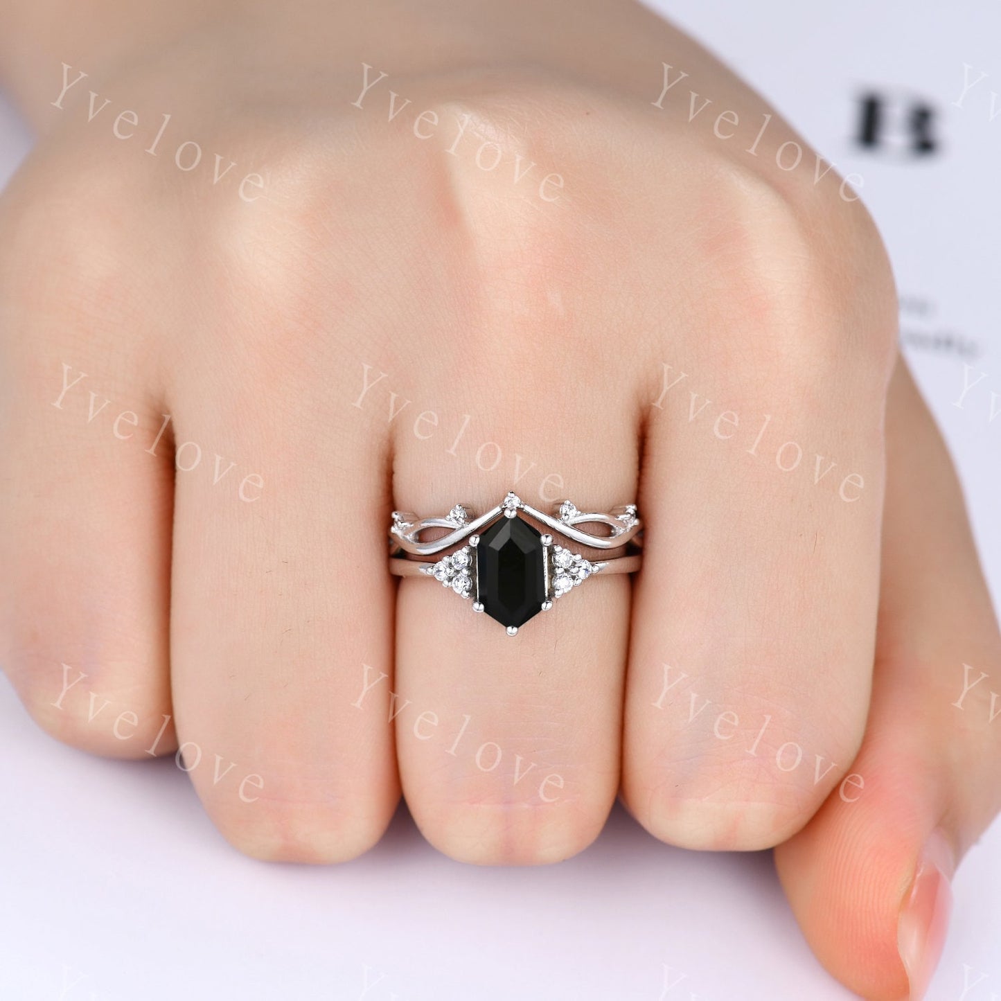 Retro hexagon Black Onyx Ring,Vintage Sterling Silver Ring Set,Unique Black Onyx Engagement Ring,Promise Ring,Anniversary Ring Gift For Her