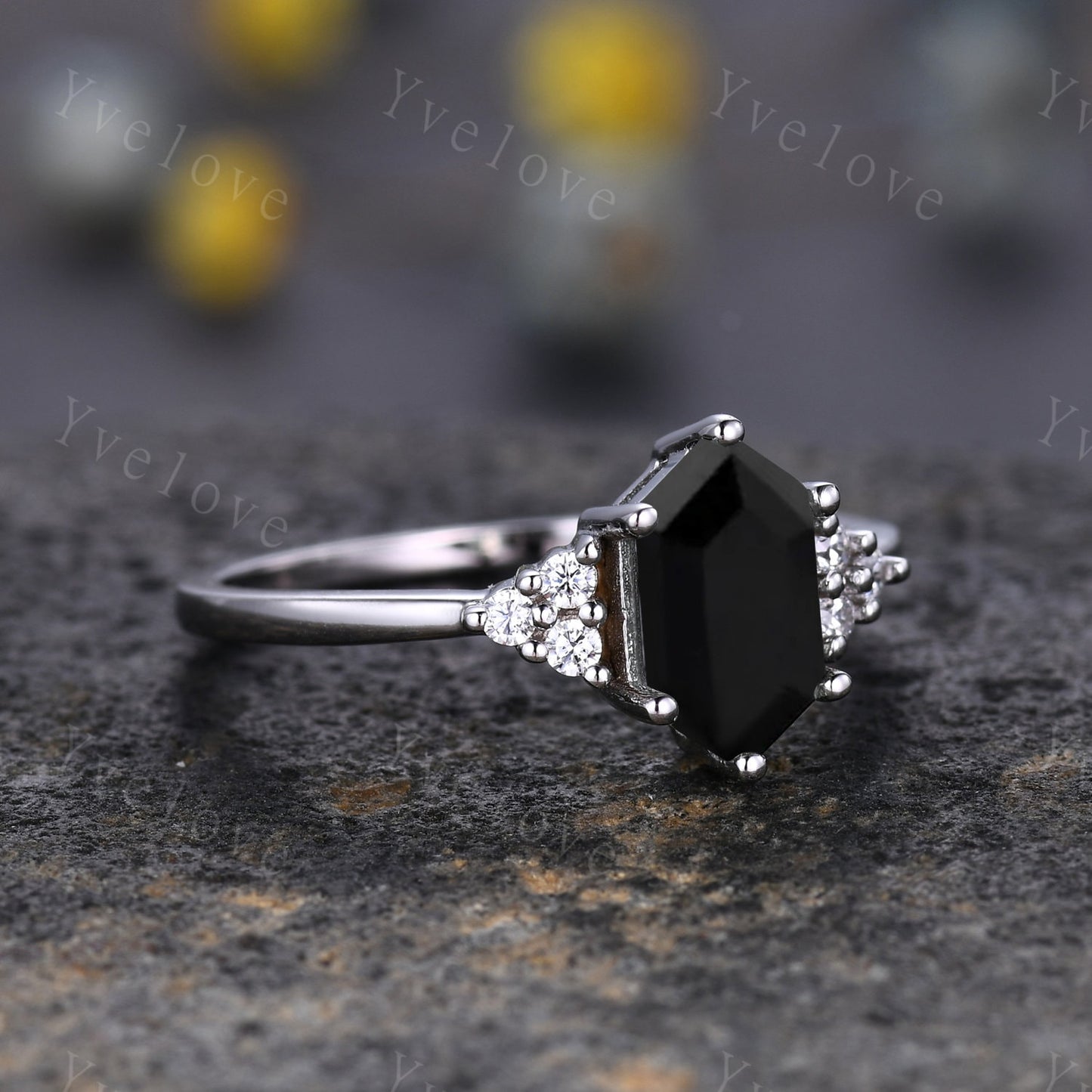 Retro hexagon Black Onyx Ring,Vintage Sterling Silver Ring Set,Unique Black Onyx Engagement Ring,Promise Ring,Anniversary Ring Gift For Her