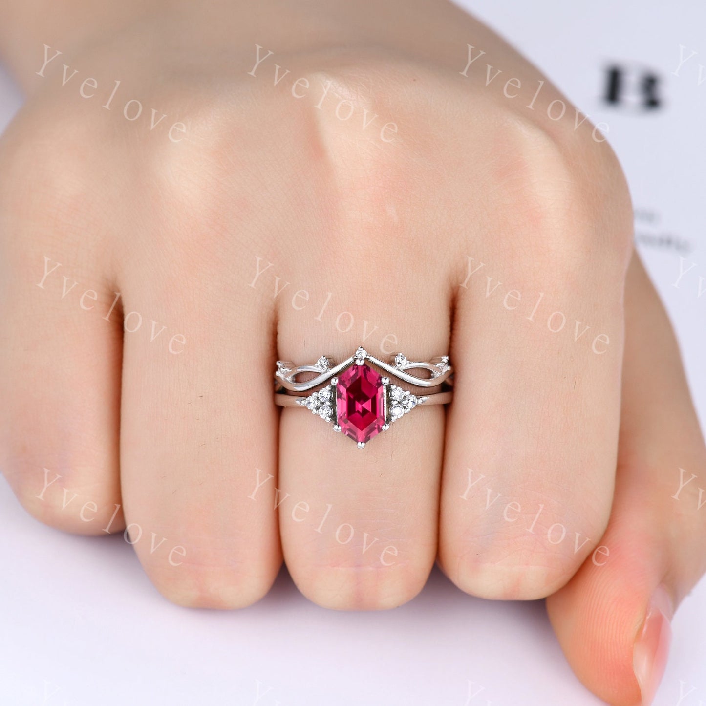 Retro hexagon Red Ruby Ring,Vintage Sterling Silver Ring Set,Unique Ruby Engagement Ring,Promise Ring,Anniversary Brial Ring Gift For Her
