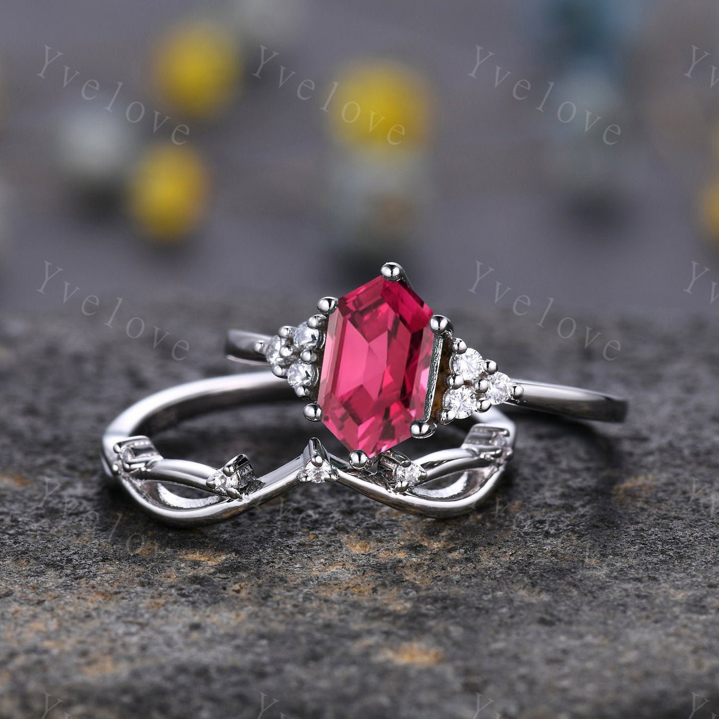 Retro hexagon Red Ruby Ring,Vintage Sterling Silver Ring Set,Unique Ruby Engagement Ring,Promise Ring,Anniversary Brial Ring Gift For Her