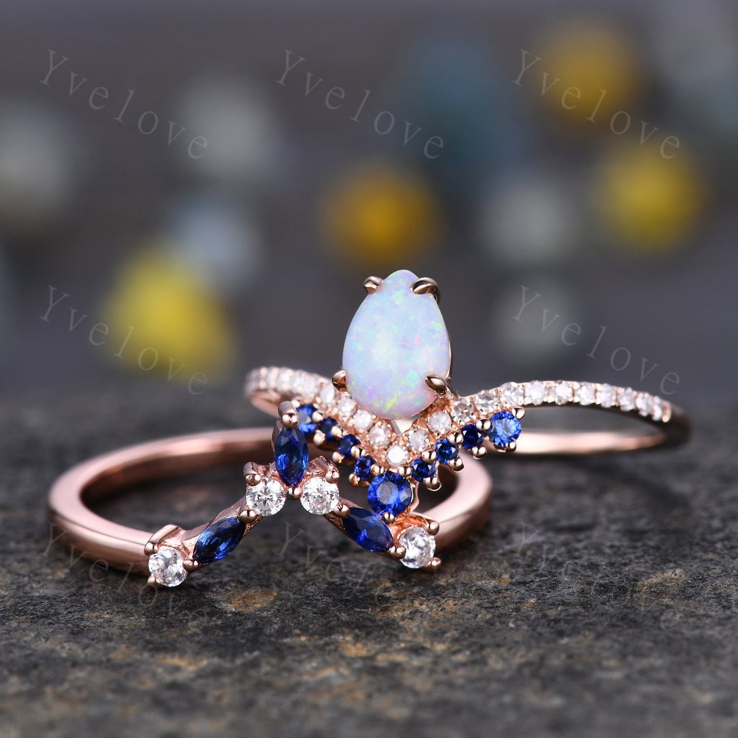 Vintage White Opal Engagement Ring,Opal Sapphire Bridal Ring Set,Pear Opal Ring,Curve Blue Sapphire Diamond Stacking Band,14k Rose Gold Ring