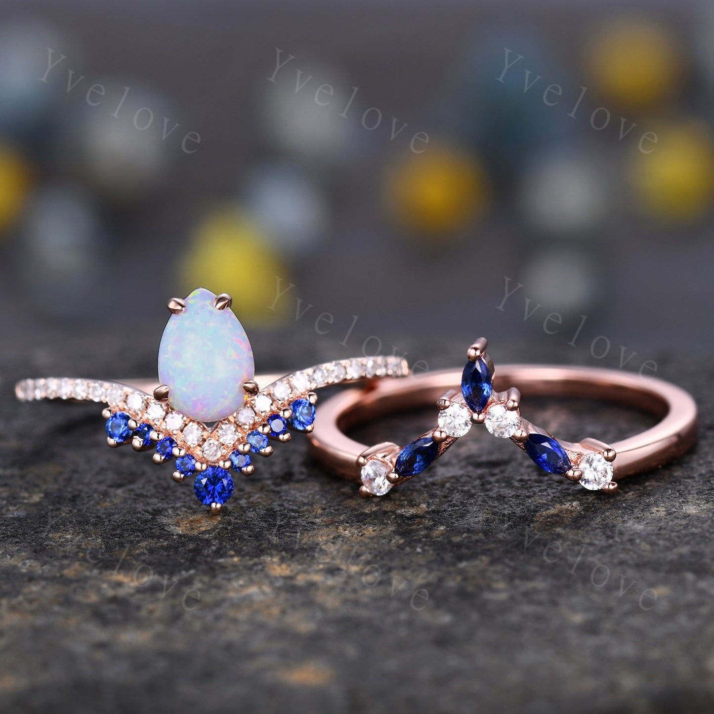 Vintage White Opal Engagement Ring,Opal Sapphire Bridal Ring Set,Pear Opal Ring,Curve Blue Sapphire Diamond Stacking Band,14k Rose Gold Ring