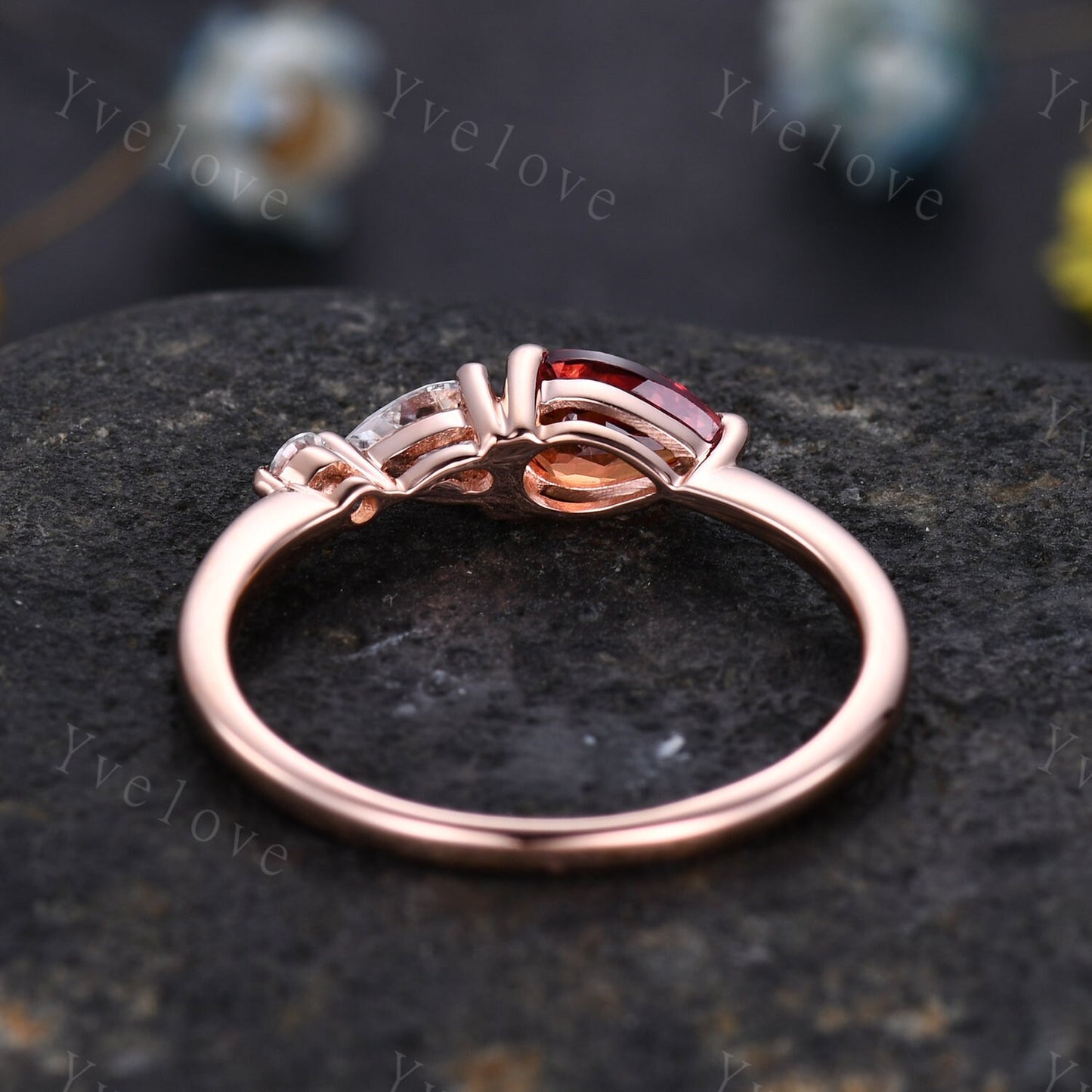 Vintage Red Ruby Opal Ring Engagement Ring,Pear Cut Gems,Art Deco Moissanite Wedding Band,3 Stone Unique Women Bridal Promise Ring,Rose gold