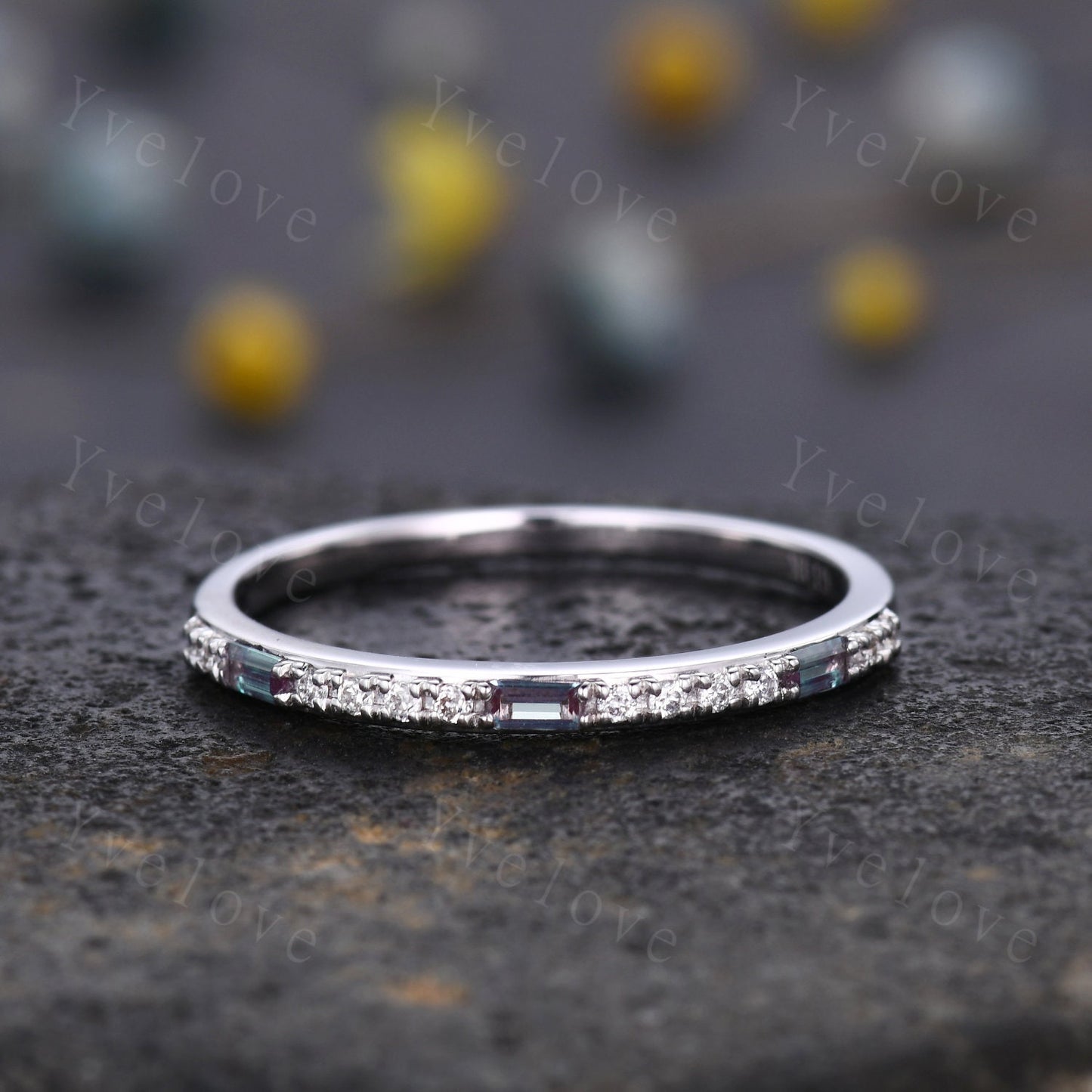 Vintage Baguette Cut Alexandrite Diamond Wedding Band White Gold Rings for Women Half Eternity Wedding Ring June Birthstone Anniversary Gift