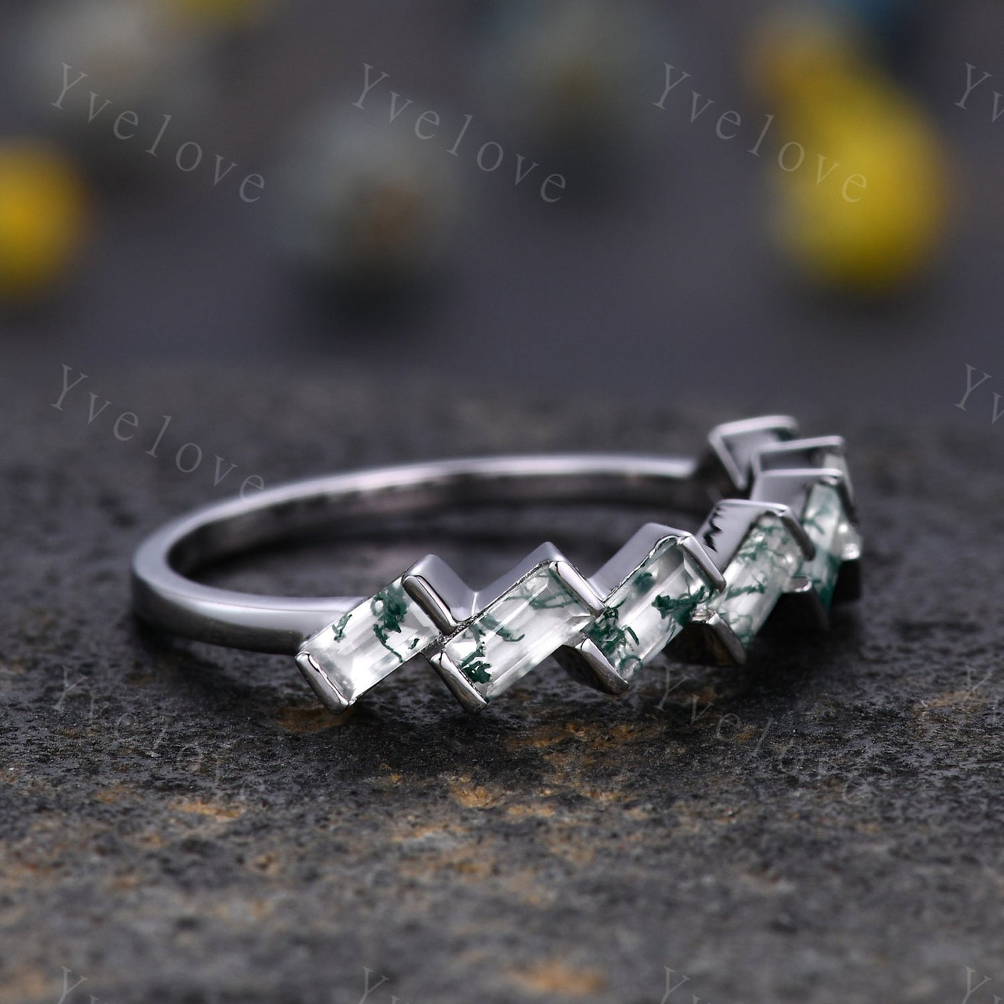 Baguette Cut Moss Agate Wedding Band Green Moss Agate Cluster Stacking Matching Band Vintage Sterling Silver Ring Gift For Her Customized