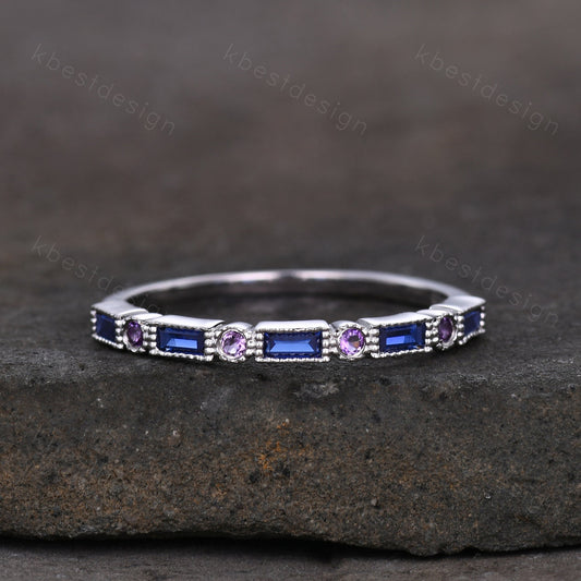Half Eternity Sapphire Ring Baguette Sapphire and Amethyst Wedding Band Silver Ring Art Deco Vintage Wedding Bridal Anniversary Ring