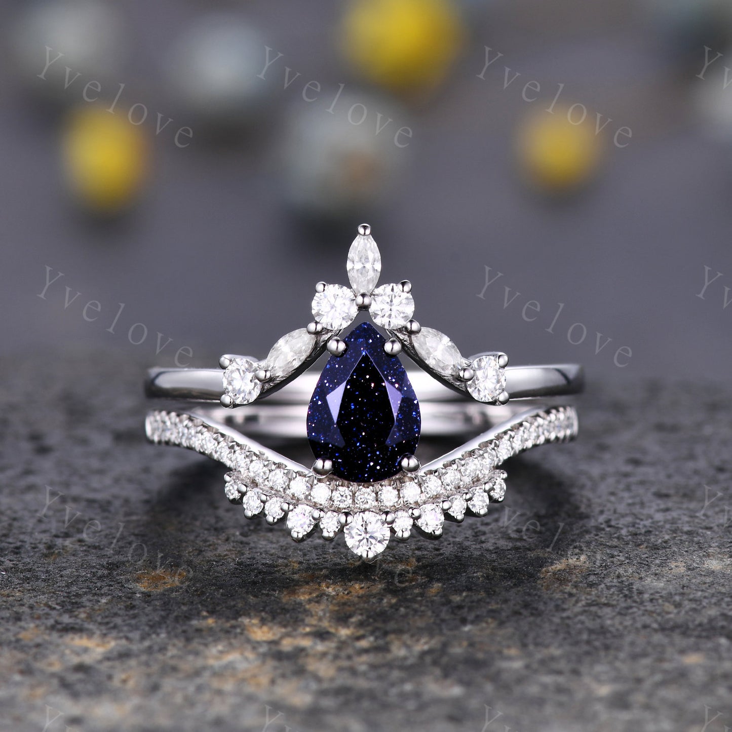 Pear Blue Sandstone Engagement Ring Set Elegant Wedding Ring Marquise stack wedding band Unique Vintage Bridal Set Anniversary Gift Silver