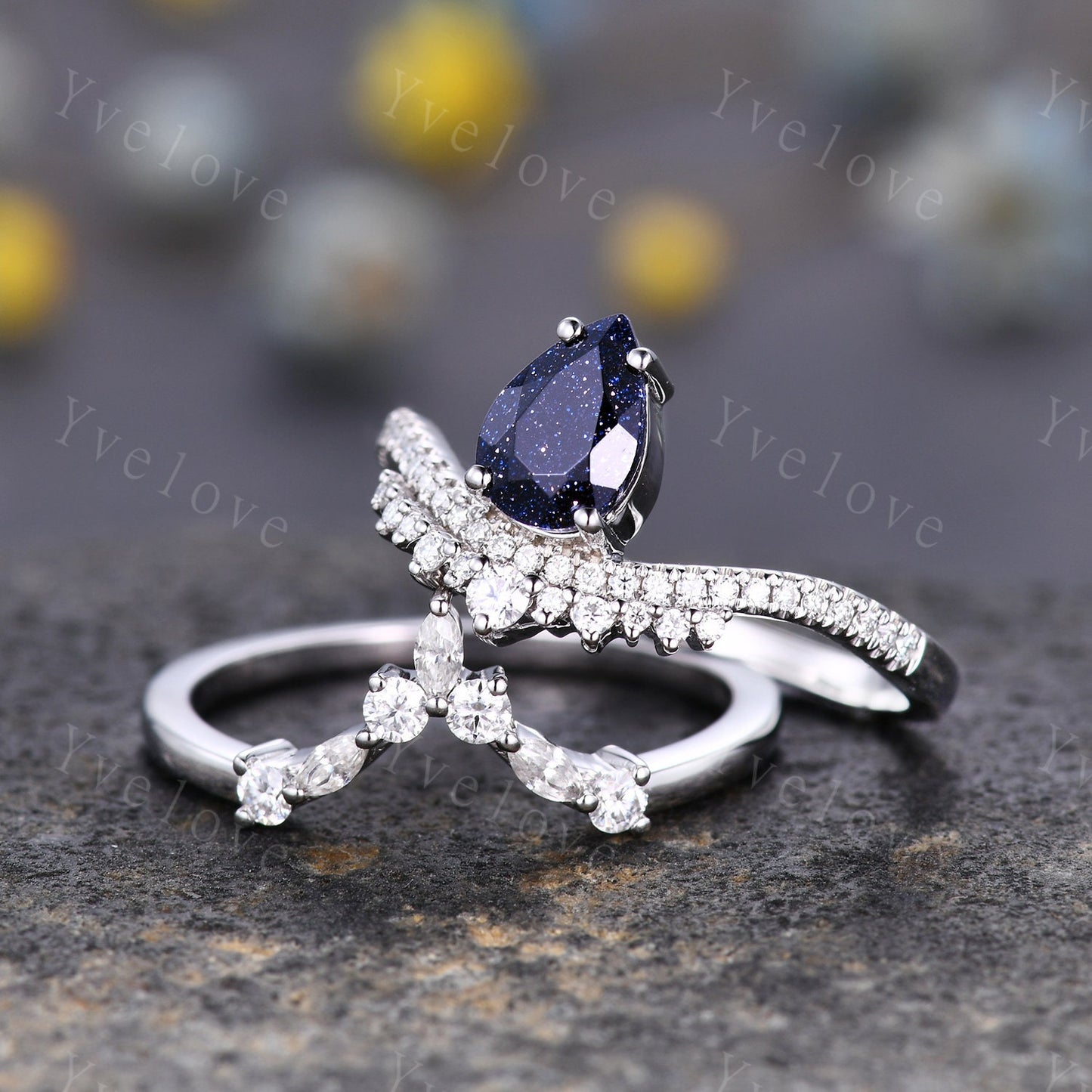 Pear Blue Sandstone Engagement Ring Set Elegant Wedding Ring Marquise stack wedding band Unique Vintage Bridal Set Anniversary Gift Silver