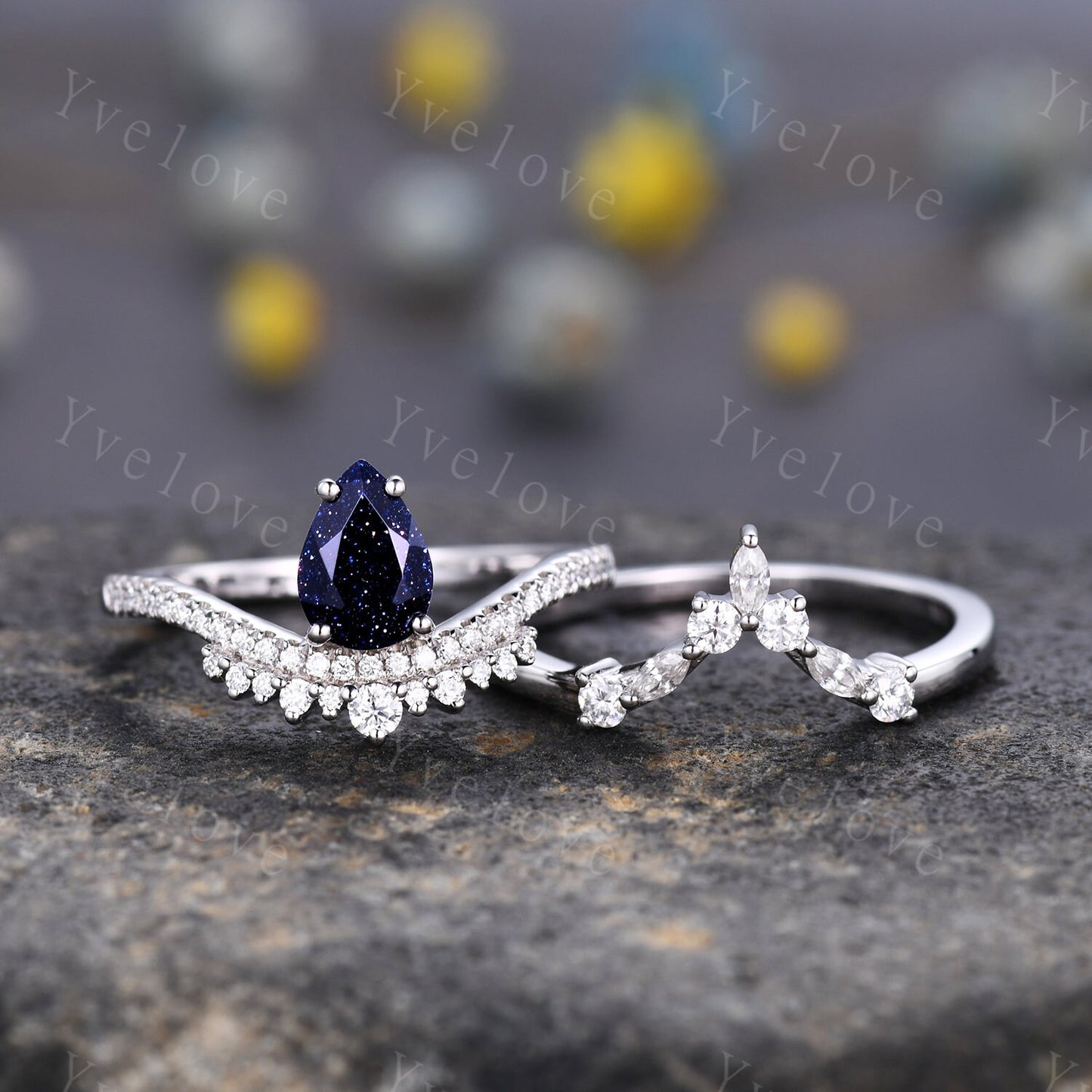 Pear Blue Sandstone Engagement Ring Set Elegant Wedding Ring Marquise stack wedding band Unique Vintage Bridal Set Anniversary Gift Silver