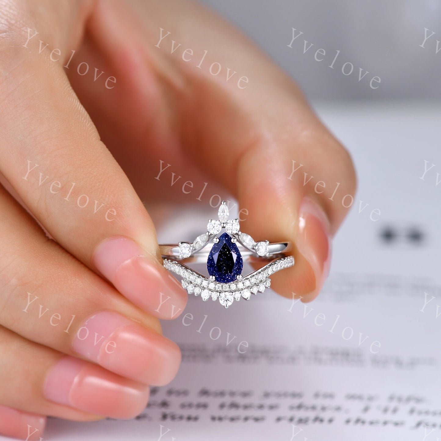 Pear Blue Sandstone Engagement Ring Set Elegant Wedding Ring Marquise stack wedding band Unique Vintage Bridal Set Anniversary Gift Silver