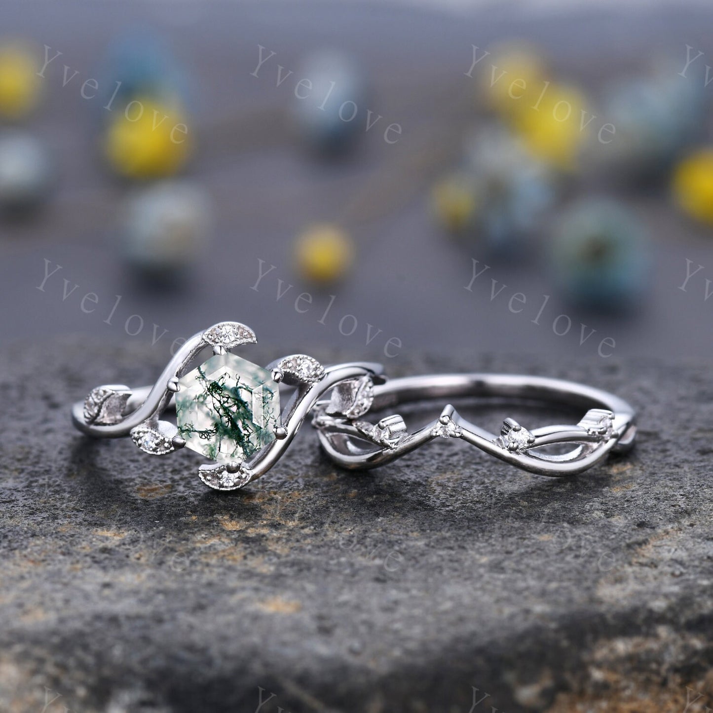 Retro hexagon Moss Agate Ring,Vintage Sterling Silver Ring Set,Unique Agate Engagement Ring,Promise Ring,Anniversary Bridal Ring Gift,Custom