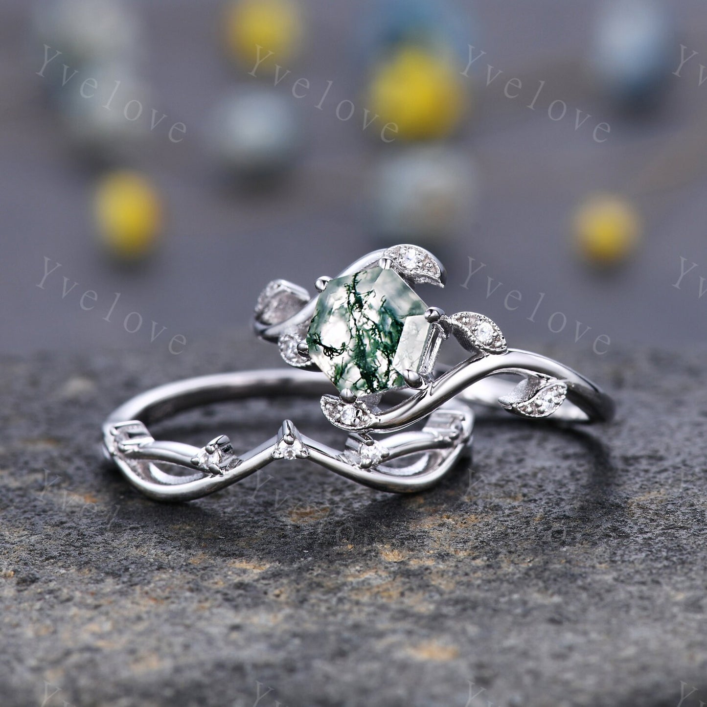 Retro hexagon Moss Agate Ring,Vintage Sterling Silver Ring Set,Unique Agate Engagement Ring,Promise Ring,Anniversary Bridal Ring Gift,Custom