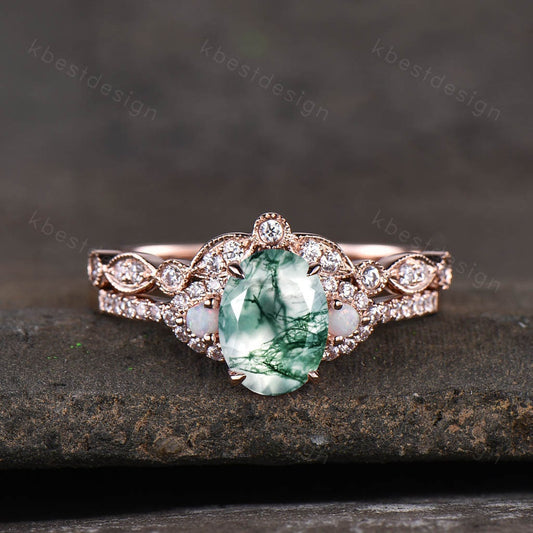Vintage Moss Agate Engagement Ring Set, Rose Gold Rings for Women, Art Deco Stacking Band, Unique Curved Wedding Band, Handmade Jewelry