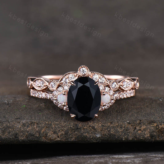 Oval Black Onyx Engagement Ring Set Rose Gold Women Stacking Ring Unique Curved Wedding Band Vintage Bridal Ring Set Promise Ring