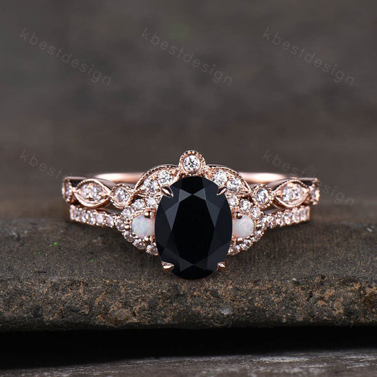Oval Black Onyx Engagement Ring Set Rose Gold Women Stacking Ring Unique Curved Wedding Band Vintage Bridal Ring Set Promise Ring