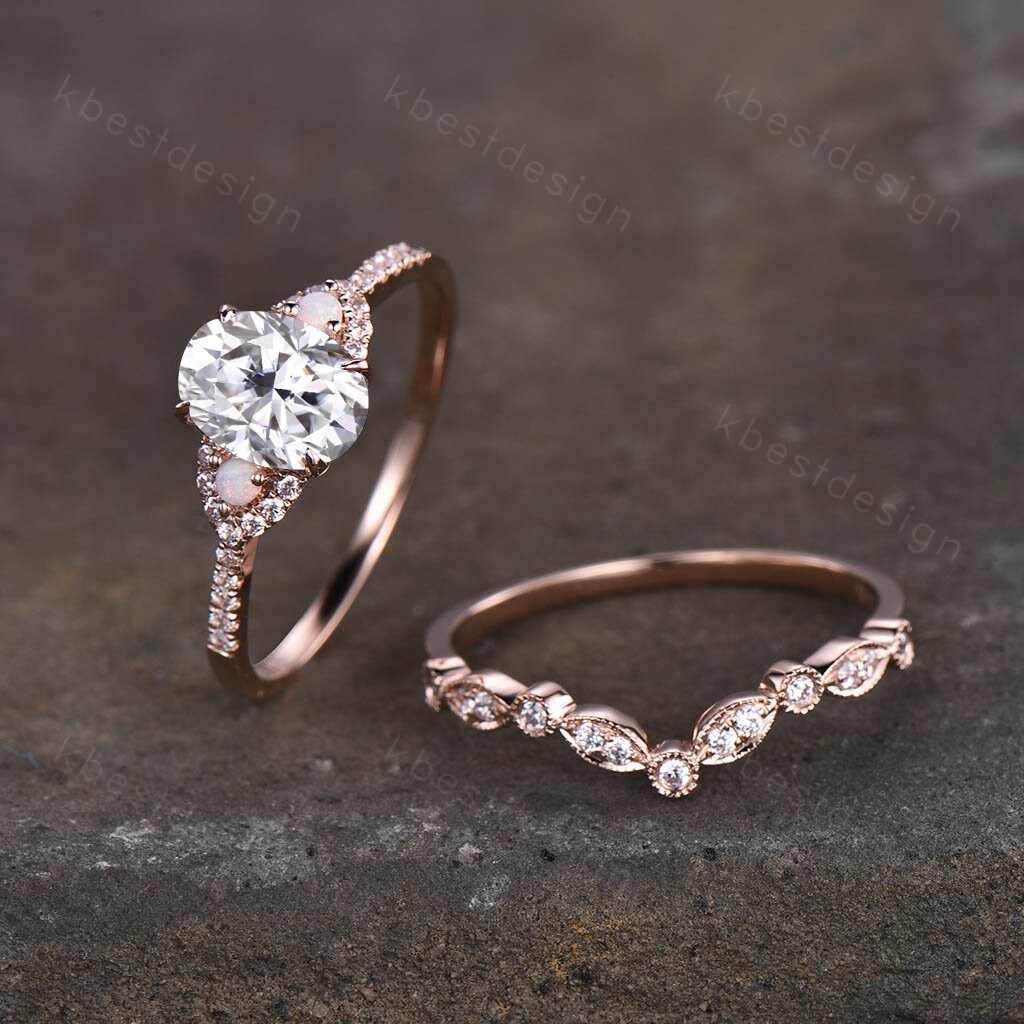 Oval moissanite engagement ring set unique Rose gold engagement ring Art deco curved wedding Bridal ring Promise Anniversary gift