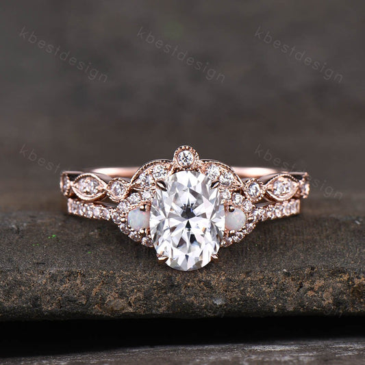 Oval moissanite engagement ring set unique Rose gold engagement ring Art deco curved wedding Bridal ring Promise Anniversary gift