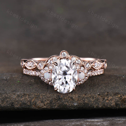 Oval moissanite engagement ring set unique Rose gold engagement ring Art deco curved wedding Bridal ring Promise Anniversary gift