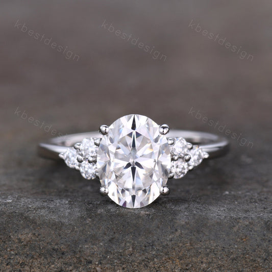 3.00cts Moissanite Oval Engagement Ring, Oval 10x8mm Moissanite Wedding Ring, Unique Cluster Bridal Ring, White Gold Moissanite Ring