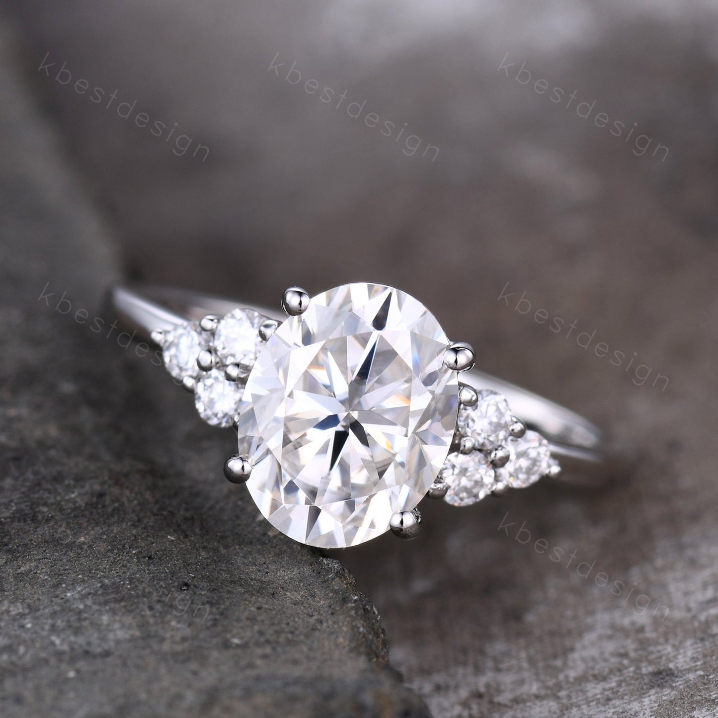 3.00cts Moissanite Oval Engagement Ring, Oval 10x8mm Moissanite Wedding Ring, Unique Cluster Bridal Ring, White Gold Moissanite Ring