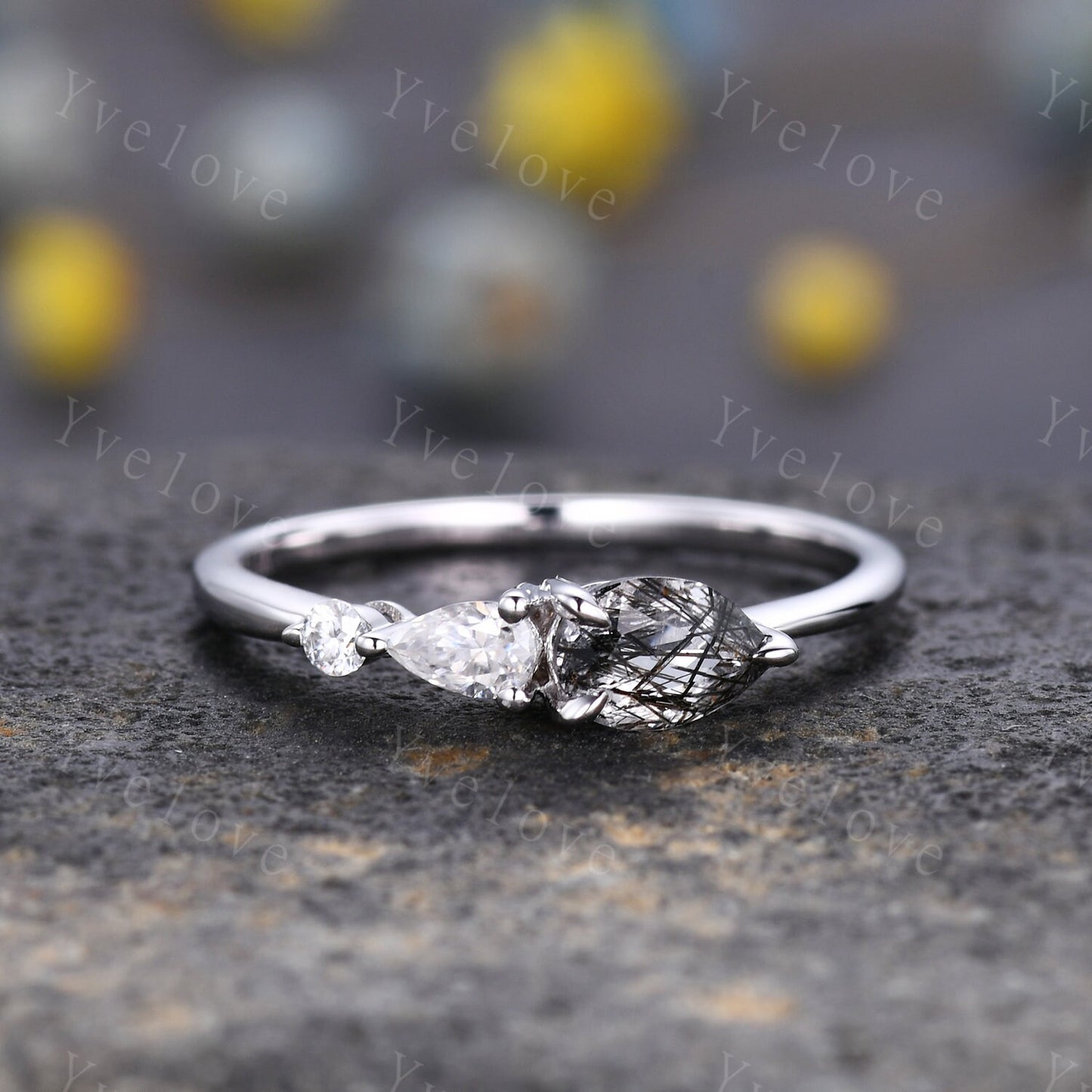 Vintage Black Rutilated Quartz  Engagement Ring,Pear Cut Gems,Art Deco Moissanite Wedding Band,3 Stone Unique Women Bridal Promise Ring Gift