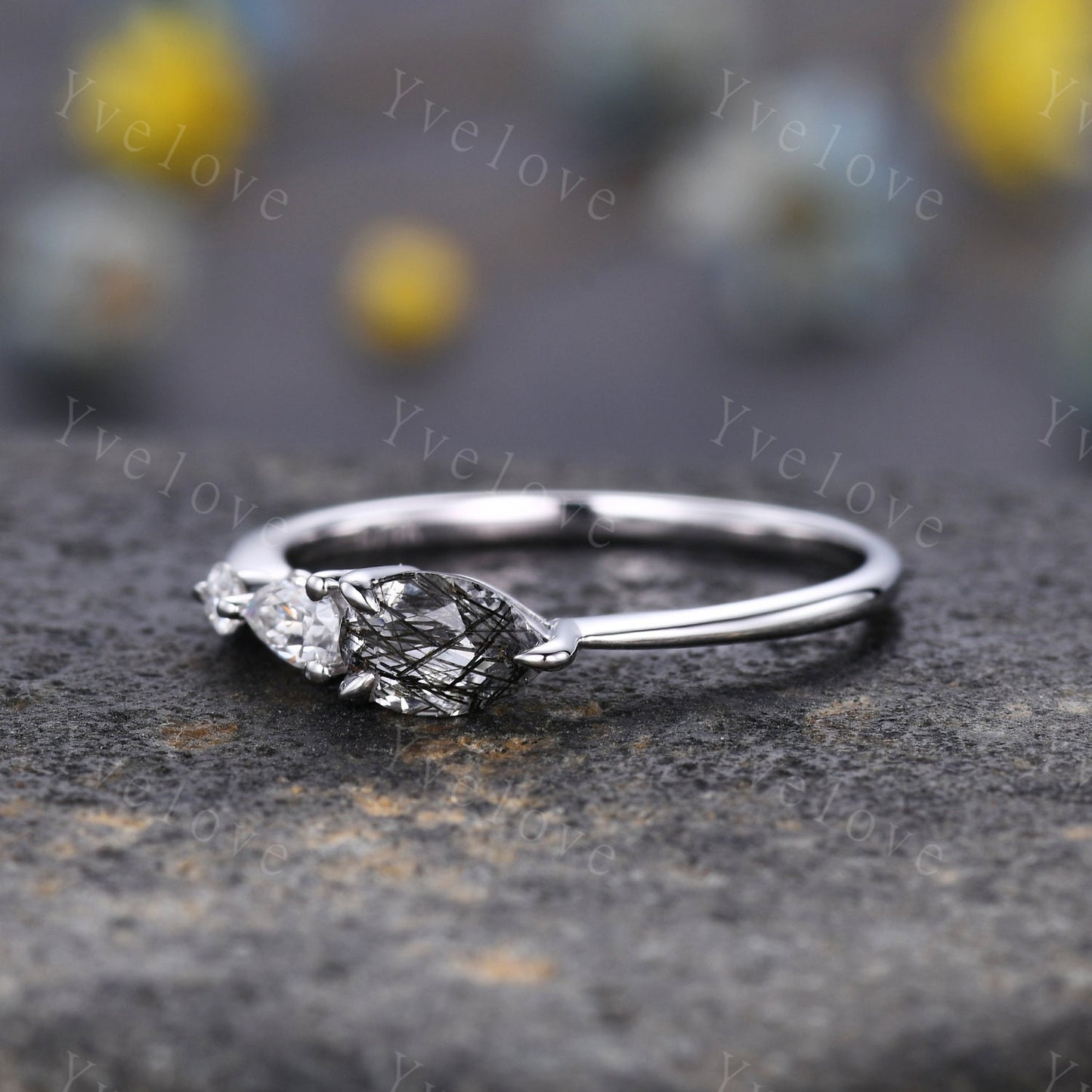Vintage Black Rutilated Quartz  Engagement Ring,Pear Cut Gems,Art Deco Moissanite Wedding Band,3 Stone Unique Women Bridal Promise Ring Gift